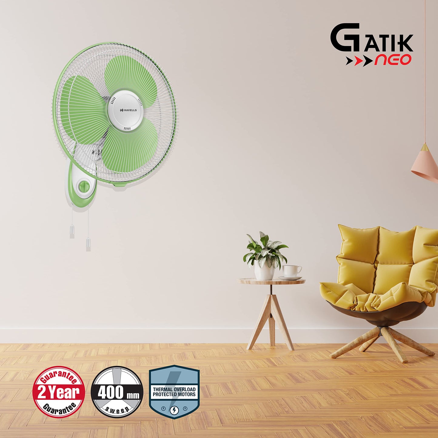 Havells Gatik Pro 400mm Wall Mount Fan|RPM: 1350|Double string for Speed & Oscillation control | Thermal Overloaded Protected Motor | 100% Copper Wire Winding Motor | 2 Year Warranty,230 Volts(Black)