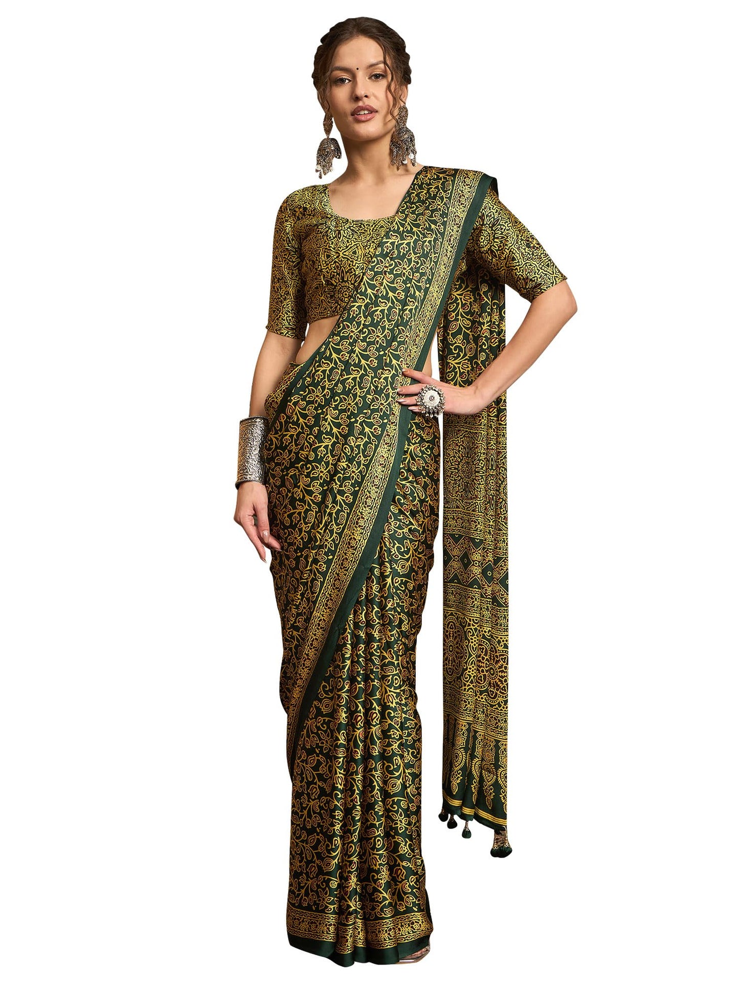 AKHILAM Women's Pure Crepe Striped Printed Saree With Unstitched Blouse Piece (NORAJRK101_HS_Parent)
