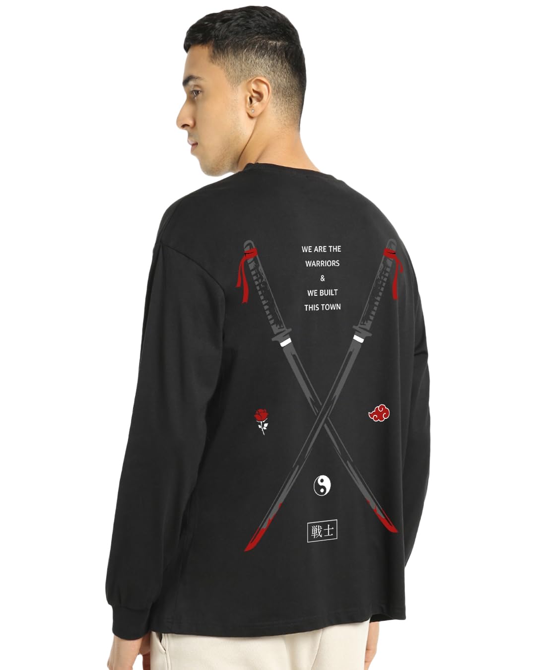 Bewakoof Men's Warriors Graphic Print Black Round Neck Long Sleeve Loose Fit T-Shirt