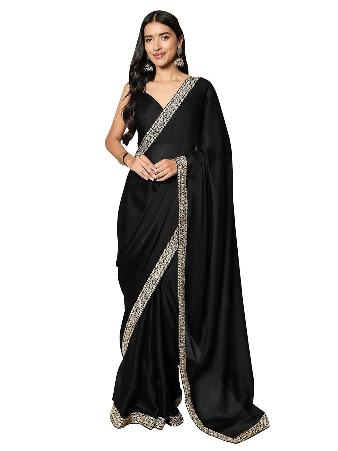 AKHILAM Women's Satin Solid Ready To Wear one Minute Saree with Unstitched Blouse Piece