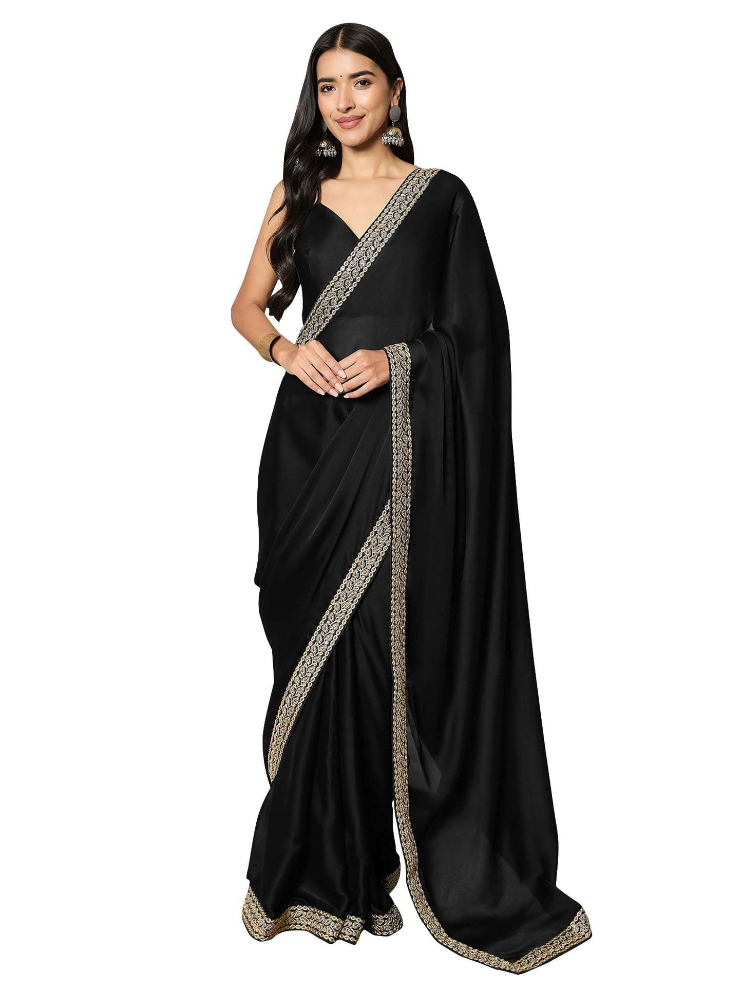 AKHILAM Women's Satin Solid Ready To Wear one Minute Saree with Unstitched Blouse Piece