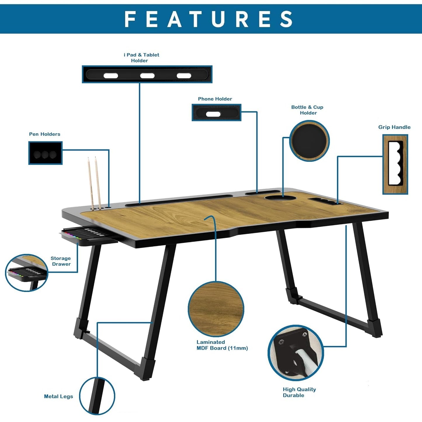 Radiant Multi-Purpose Laptop Table, Study Table| Bed Table| Adjustable Height, Portable for Office, Work Form Home | DIY Table, Easy to Assemble (Wooden with Black Leg)