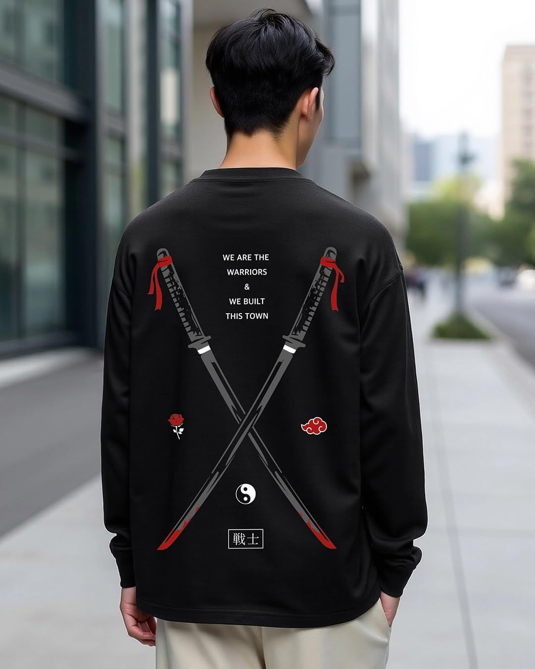 Bewakoof Men's Warriors Graphic Print Black Round Neck Long Sleeve Loose Fit T-Shirt