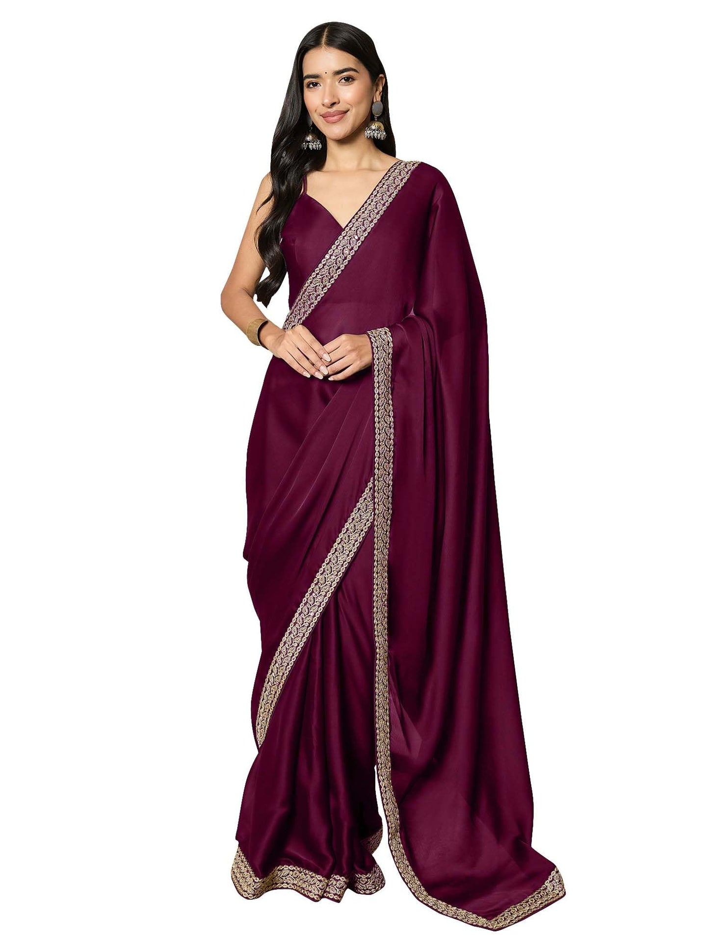 AKHILAM Women's Satin Solid Ready To Wear one Minute Saree with Unstitched Blouse Piece