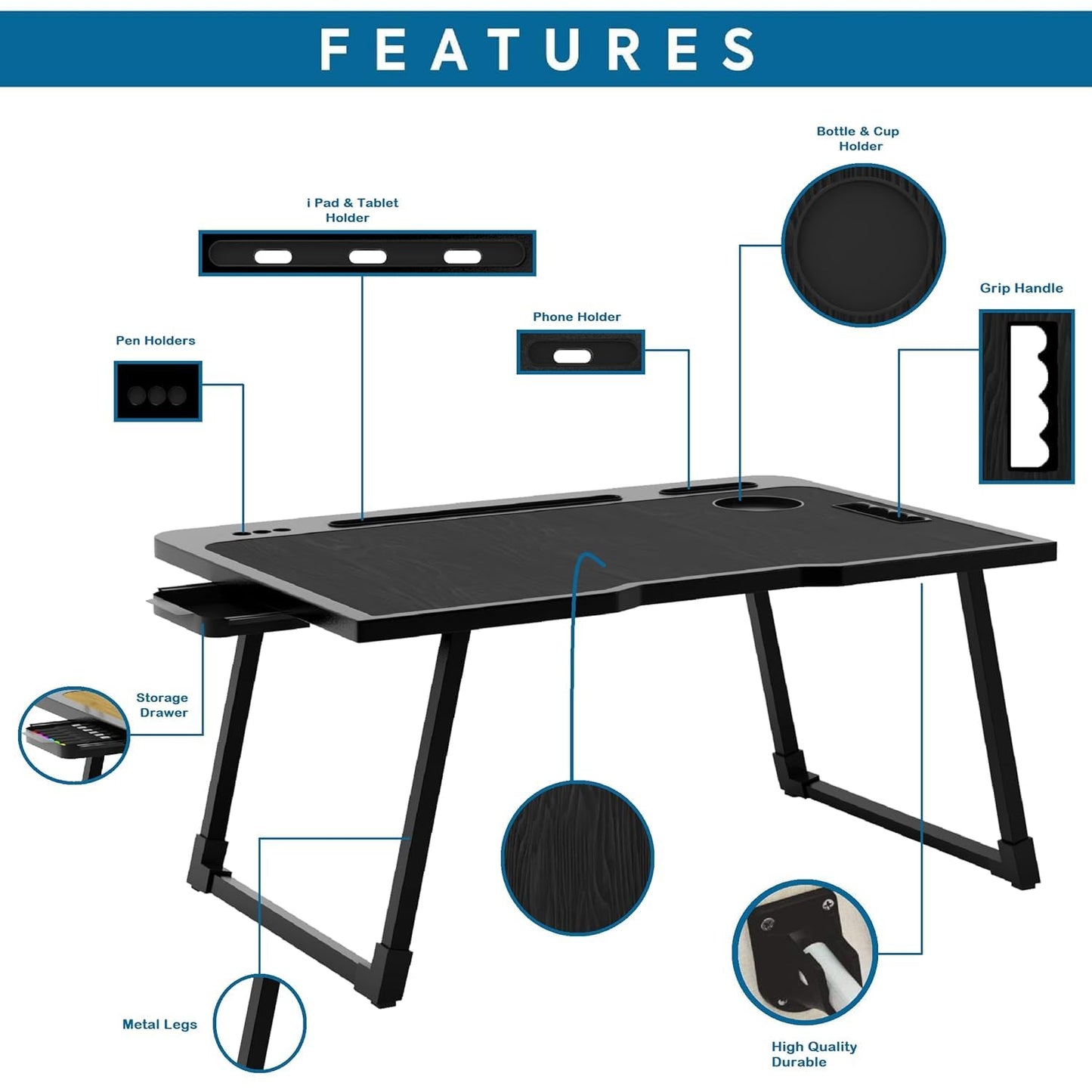 Radiant Multi-Purpose Laptop Table, Study Table| Bed Table| Adjustable Height, Portable for Office, Work Form Home | DIY Table, Easy to Assemble (Wooden with Black Leg)