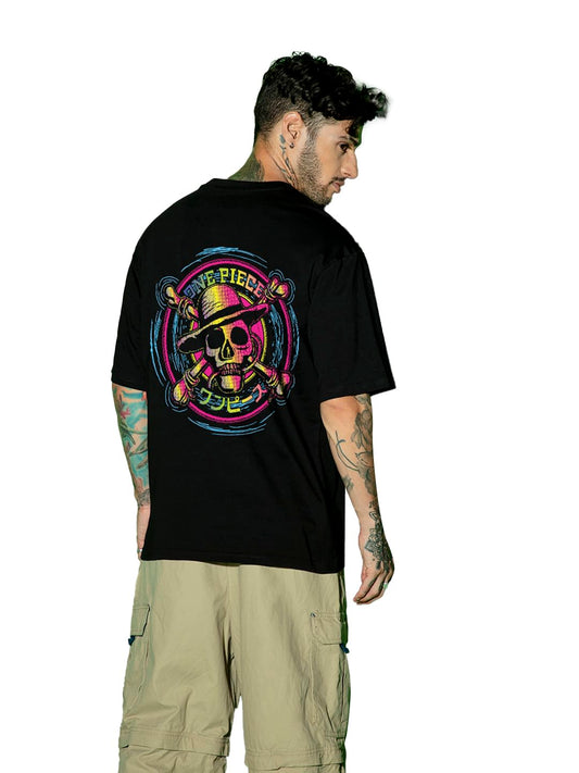 Bewakoof Official One Piece Merchandise Men's Graphic Print Oversized Fit Half Sleeve Round Neck Cotton Acid Wash T-Shirt
