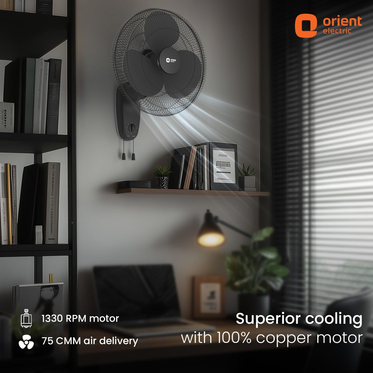 Orient Electric Wall 91 | Wall Fan for Home | 100% Copper Motor with COP-TER Technology | 90 Degree Oscillation & Tilt Mechanism | 3 Speed Pull Cord | Military Grade Guard | White & Blue