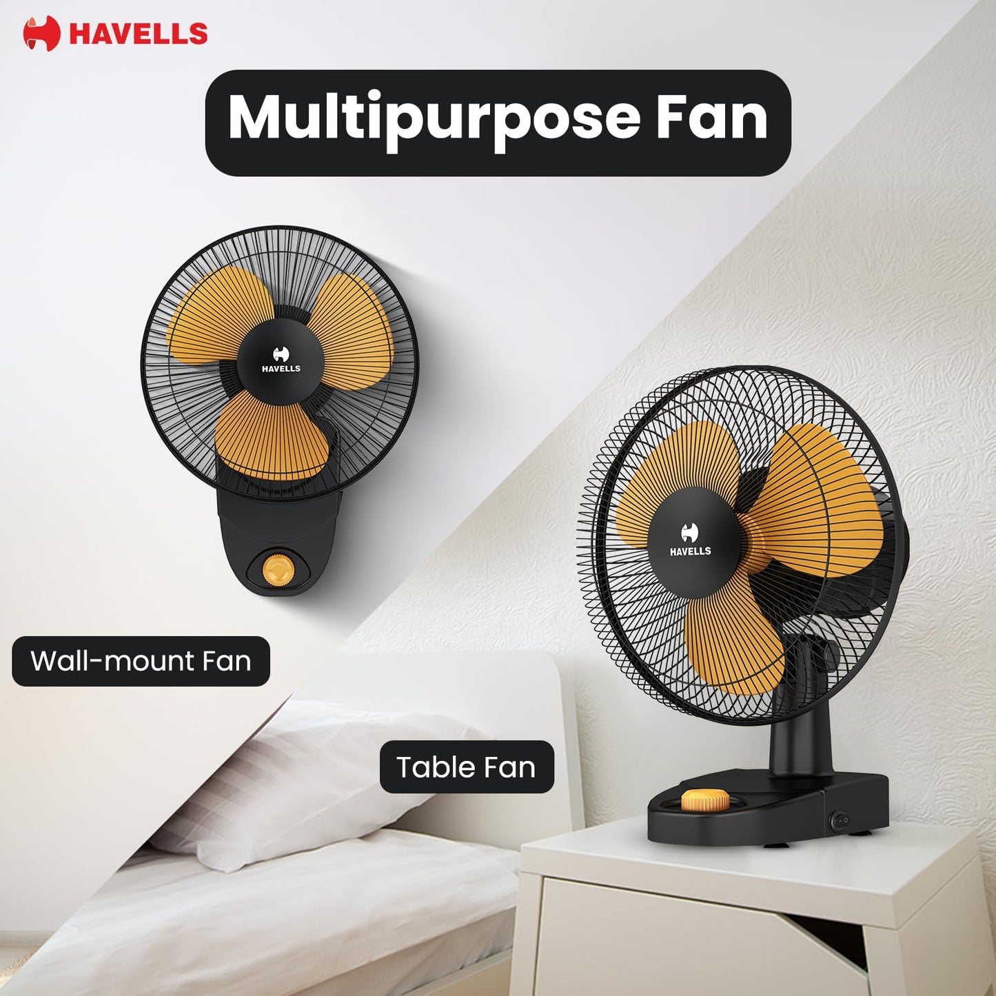 Havells Gatik Pro 400mm Wall Mount Fan|RPM: 1350|Double string for Speed & Oscillation control | Thermal Overloaded Protected Motor | 100% Copper Wire Winding Motor | 2 Year Warranty,230 Volts(Black)