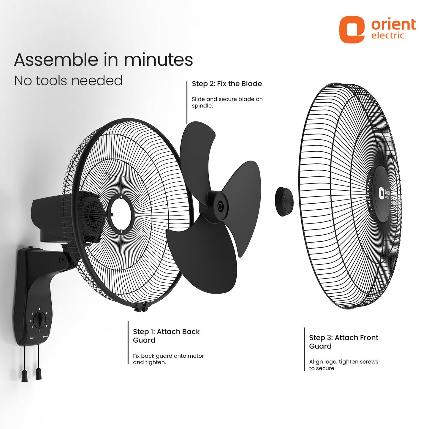 Orient Electric Wall 97 | High Speed Wall Fan for Home | 100% Copper Motor | 90 Degree Oscillation with Tilt Mechanism | 3 Speed Pull Cord | Thermal Overload Protection | Military Grade Guard | Red
