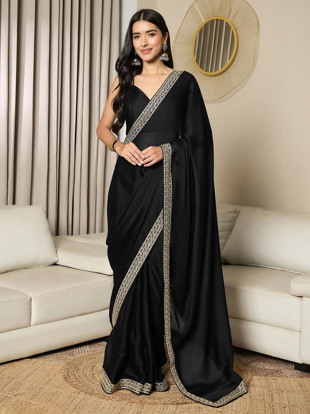 AKHILAM Women's Satin Solid Ready To Wear one Minute Saree with Unstitched Blouse Piece