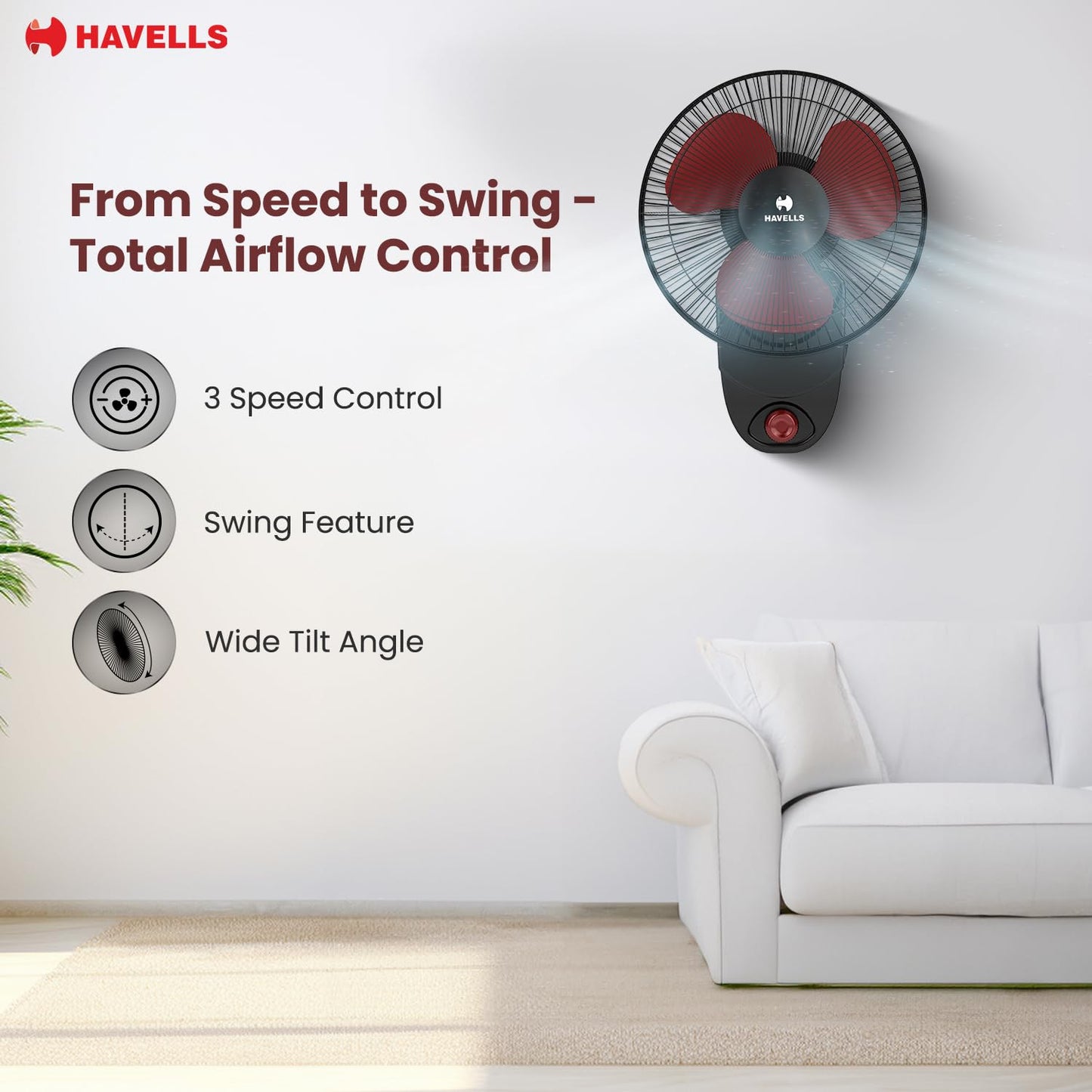 Havells Gatik Pro 400mm Wall Mount Fan|RPM: 1350|Double string for Speed & Oscillation control | Thermal Overloaded Protected Motor | 100% Copper Wire Winding Motor | 2 Year Warranty,230 Volts(Black)