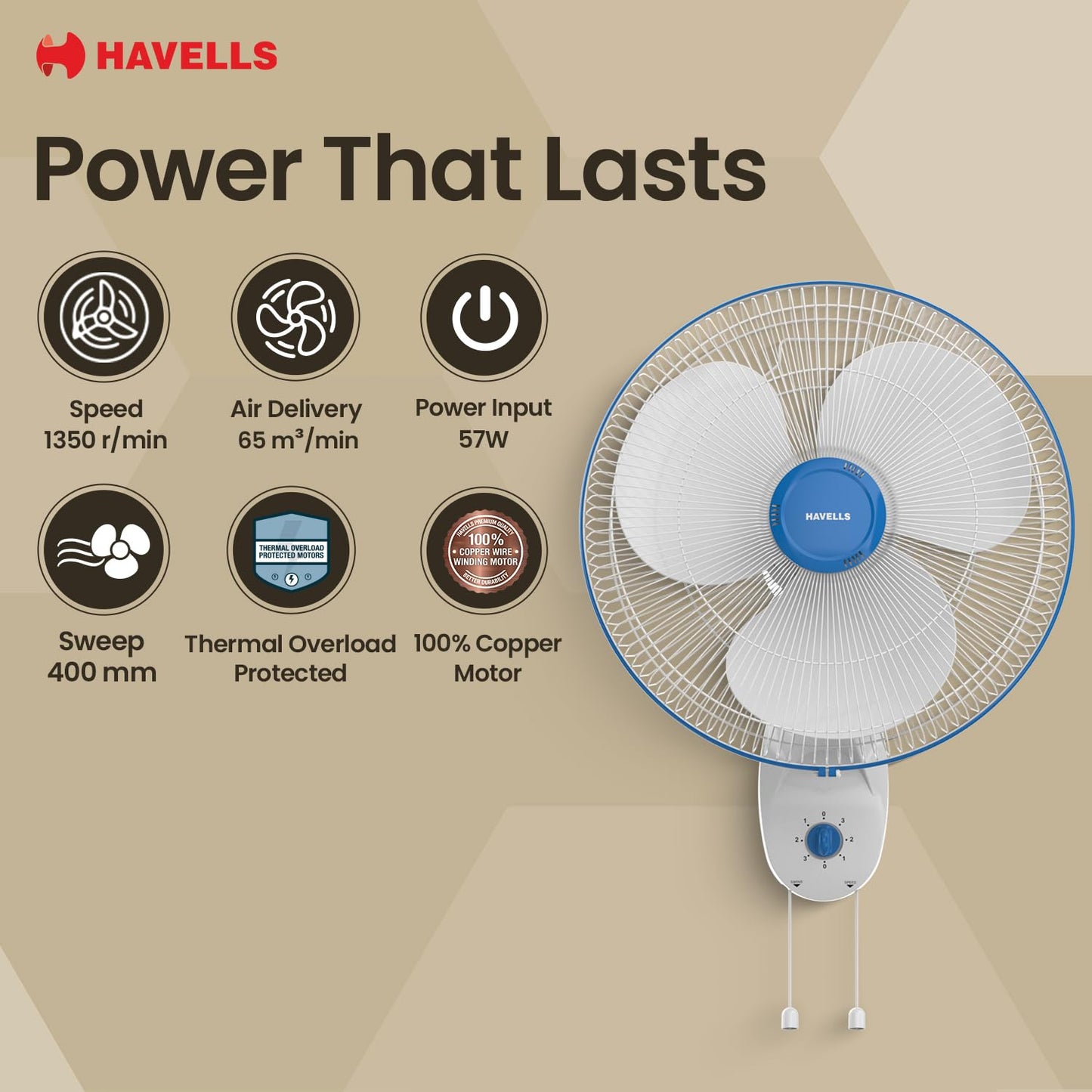 Havells Gatik Pro 400mm Wall Mount Fan|RPM: 1350|Double string for Speed & Oscillation control | Thermal Overloaded Protected Motor | 100% Copper Wire Winding Motor | 2 Year Warranty,230 Volts(Black)