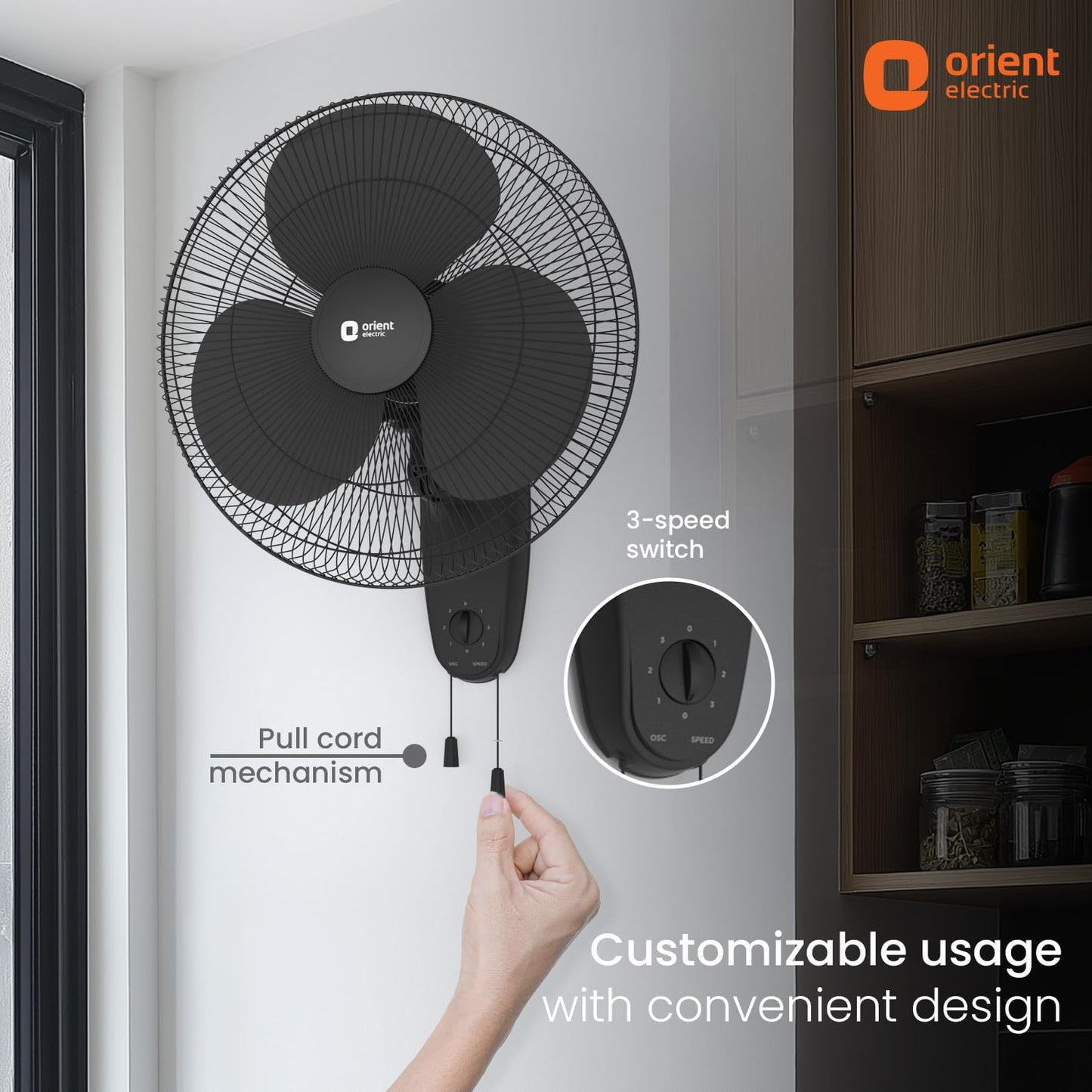 Orient Electric Wall 91 | Wall Fan for Home | 100% Copper Motor with COP-TER Technology | 90 Degree Oscillation & Tilt Mechanism | 3 Speed Pull Cord | Military Grade Guard | White & Blue