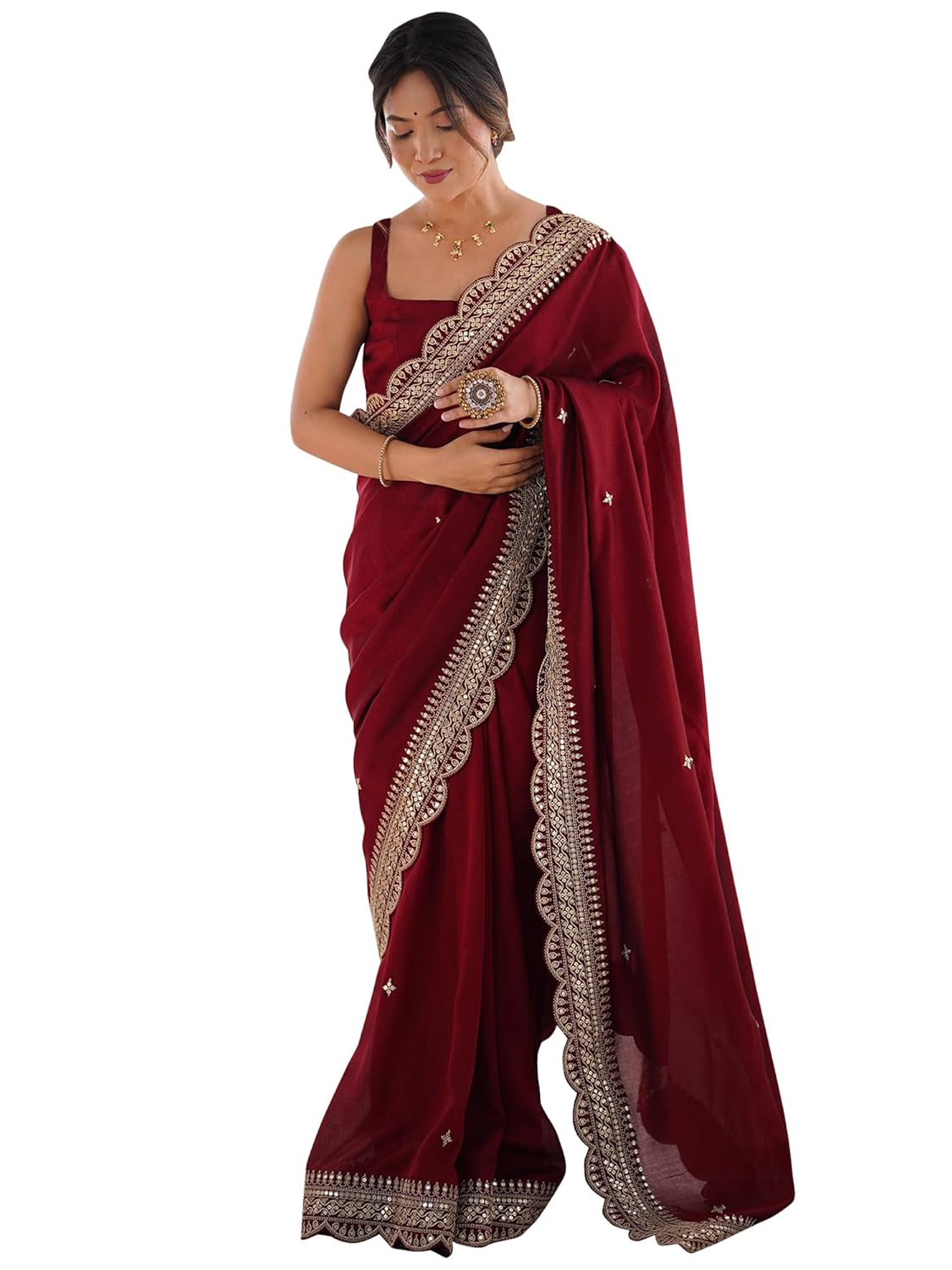 AKHILAM Women's Vichitra Silk Embellished Saree With Unstitched Blouse Piece (RADHA5001_RX_Parent)