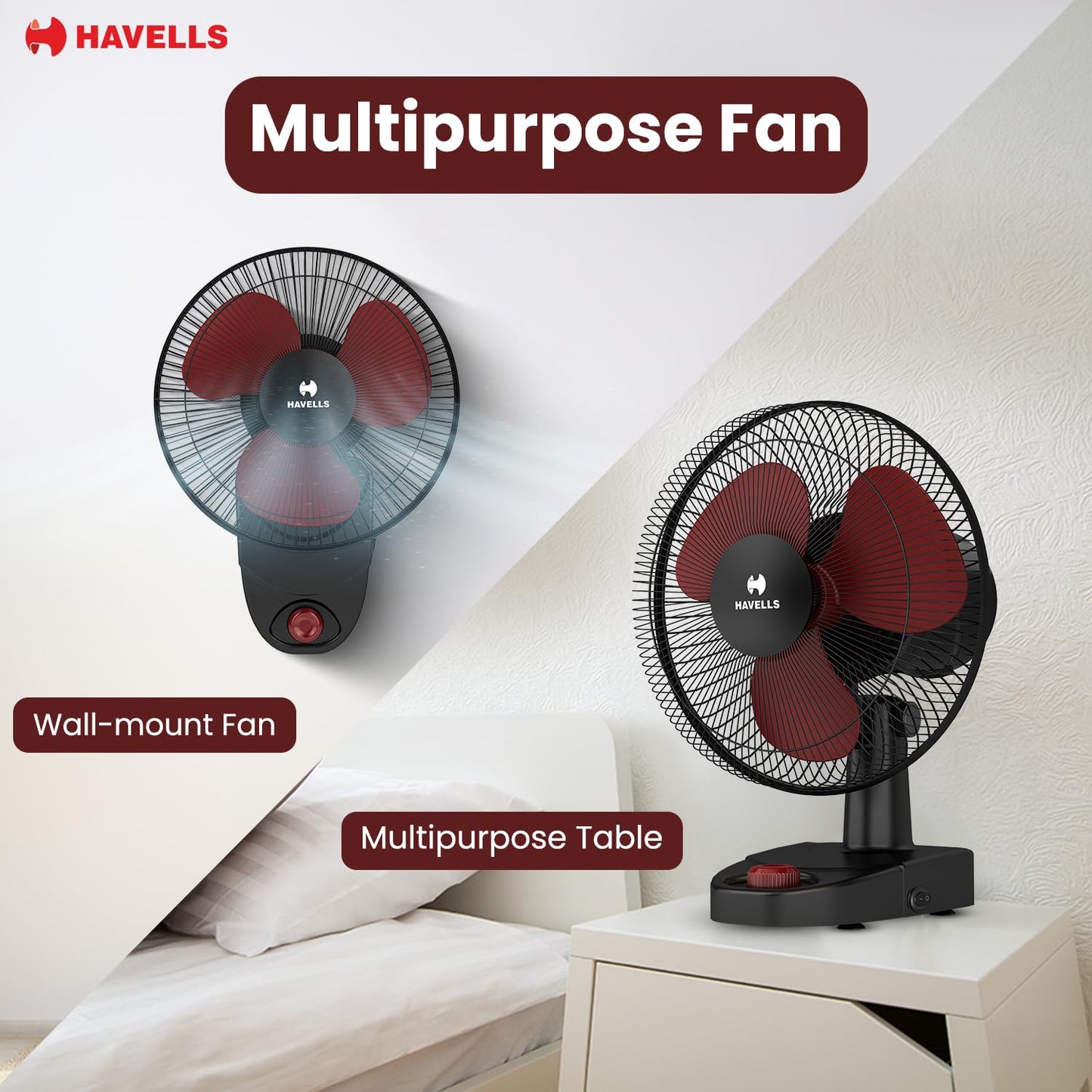 Havells Gatik Pro 400mm Wall Mount Fan|RPM: 1350|Double string for Speed & Oscillation control | Thermal Overloaded Protected Motor | 100% Copper Wire Winding Motor | 2 Year Warranty,230 Volts(Black)
