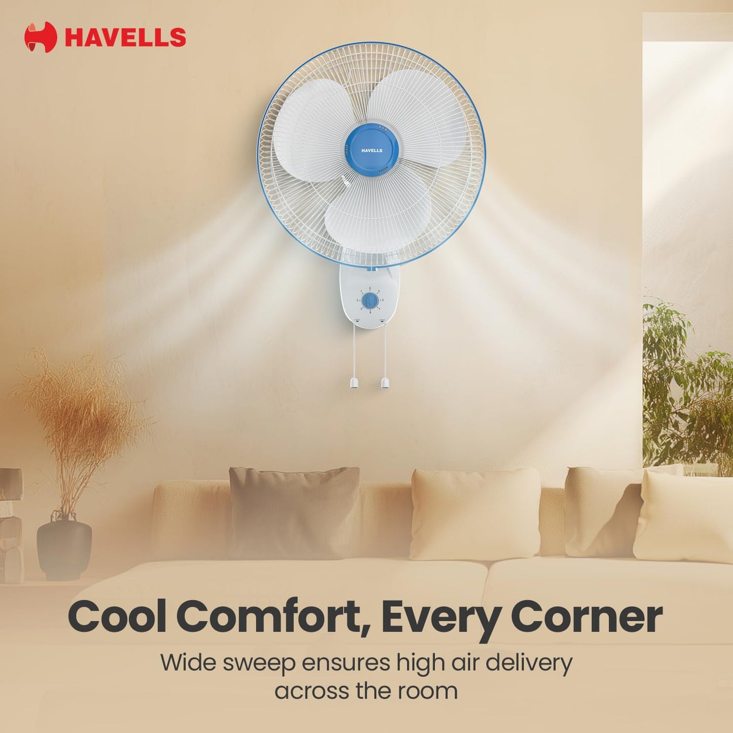 Havells Gatik Pro 400mm Wall Mount Fan|RPM: 1350|Double string for Speed & Oscillation control | Thermal Overloaded Protected Motor | 100% Copper Wire Winding Motor | 2 Year Warranty,230 Volts(Black)