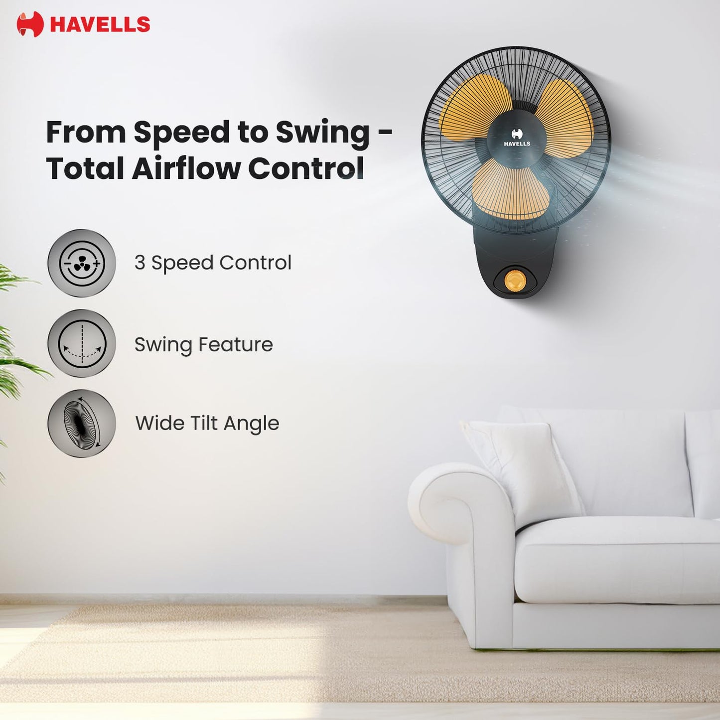 Havells Gatik Pro 400mm Wall Mount Fan|RPM: 1350|Double string for Speed & Oscillation control | Thermal Overloaded Protected Motor | 100% Copper Wire Winding Motor | 2 Year Warranty,230 Volts(Black)