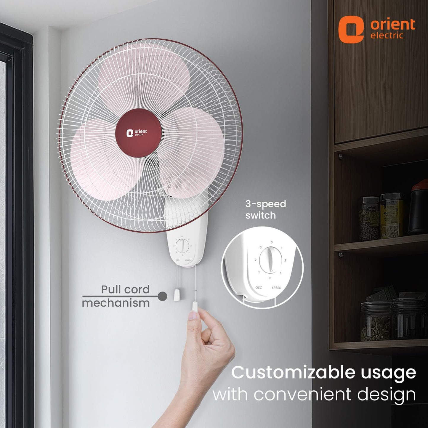 Orient Electric Wall 91 | Wall Fan for Home | 100% Copper Motor with COP-TER Technology | 90 Degree Oscillation & Tilt Mechanism | 3 Speed Pull Cord | Military Grade Guard | White & Blue