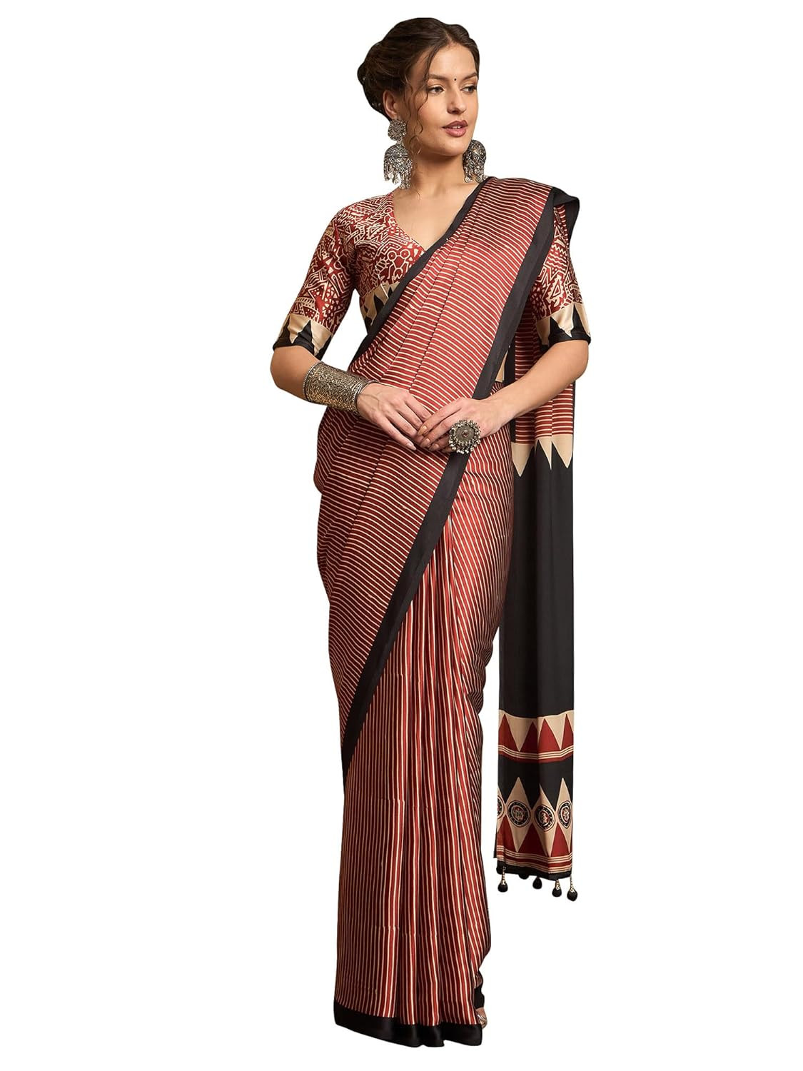 AKHILAM Women's Pure Crepe Striped Printed Saree With Unstitched Blouse Piece (NORAJRK101_HS_Parent)