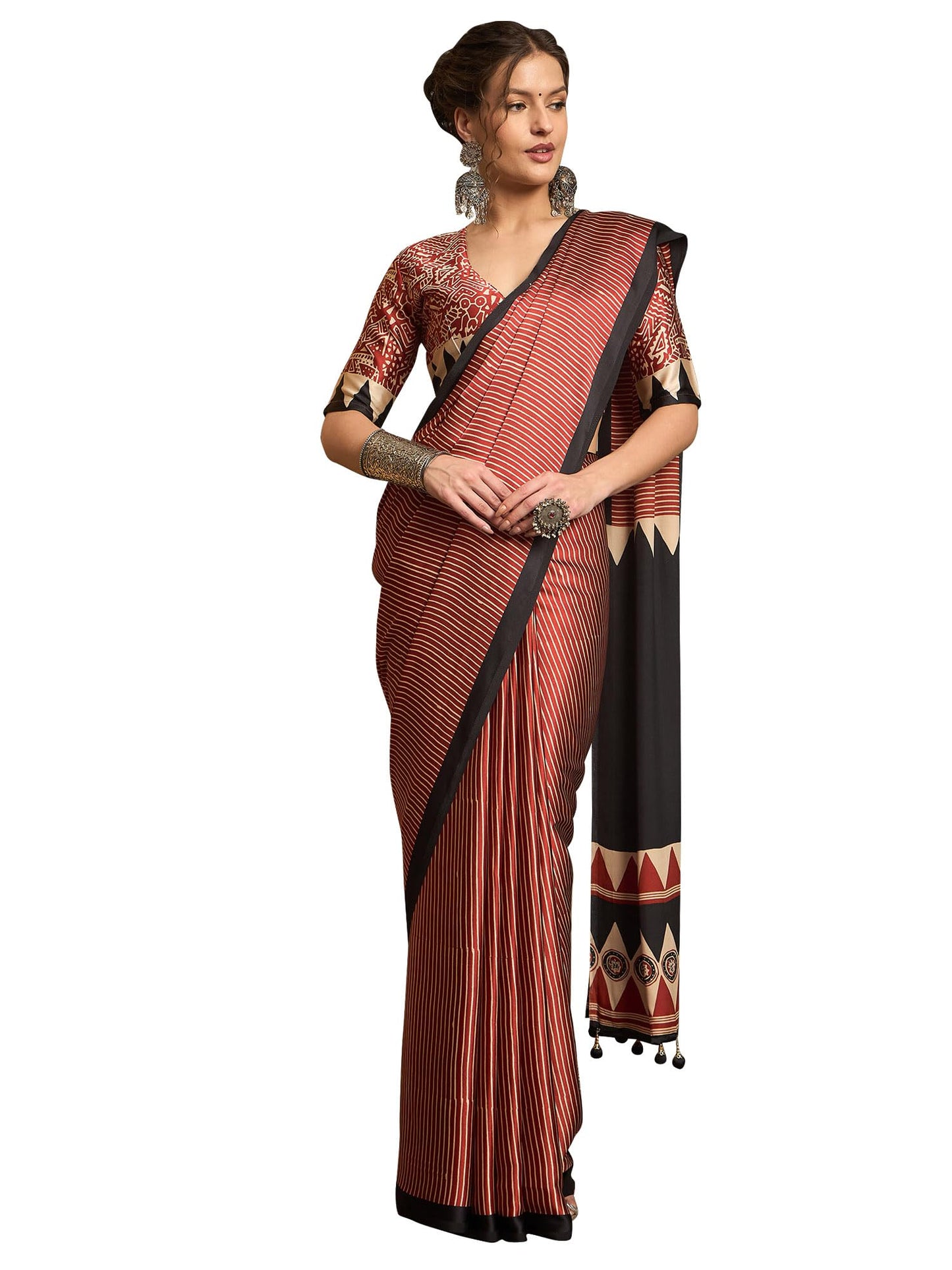 AKHILAM Women's Pure Crepe Striped Printed Saree With Unstitched Blouse Piece (NORAJRK101_HS_Parent)