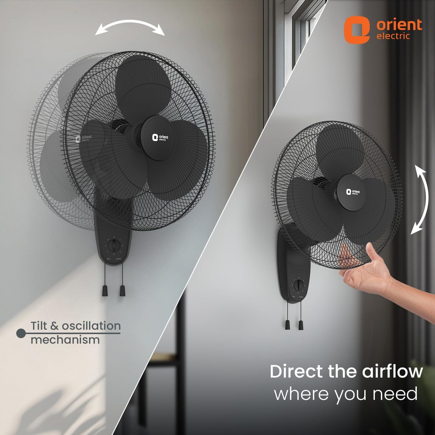 Orient Electric Wall 91 | Wall Fan for Home | 100% Copper Motor with COP-TER Technology | 90 Degree Oscillation & Tilt Mechanism | 3 Speed Pull Cord | Military Grade Guard | White & Blue