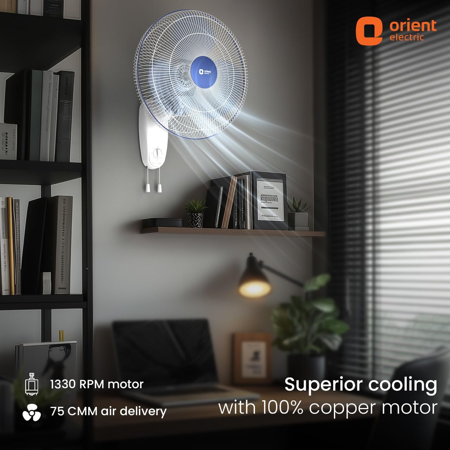 Orient Electric Wall 91 | Wall Fan for Home | 100% Copper Motor with COP-TER Technology | 90 Degree Oscillation & Tilt Mechanism | 3 Speed Pull Cord | Military Grade Guard | White & Blue