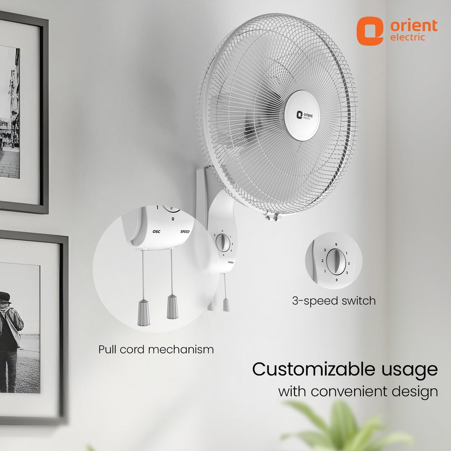 Orient Electric Wall 97 | High Speed Wall Fan for Home | 100% Copper Motor | 90 Degree Oscillation with Tilt Mechanism | 3 Speed Pull Cord | Thermal Overload Protection | Military Grade Guard | Red