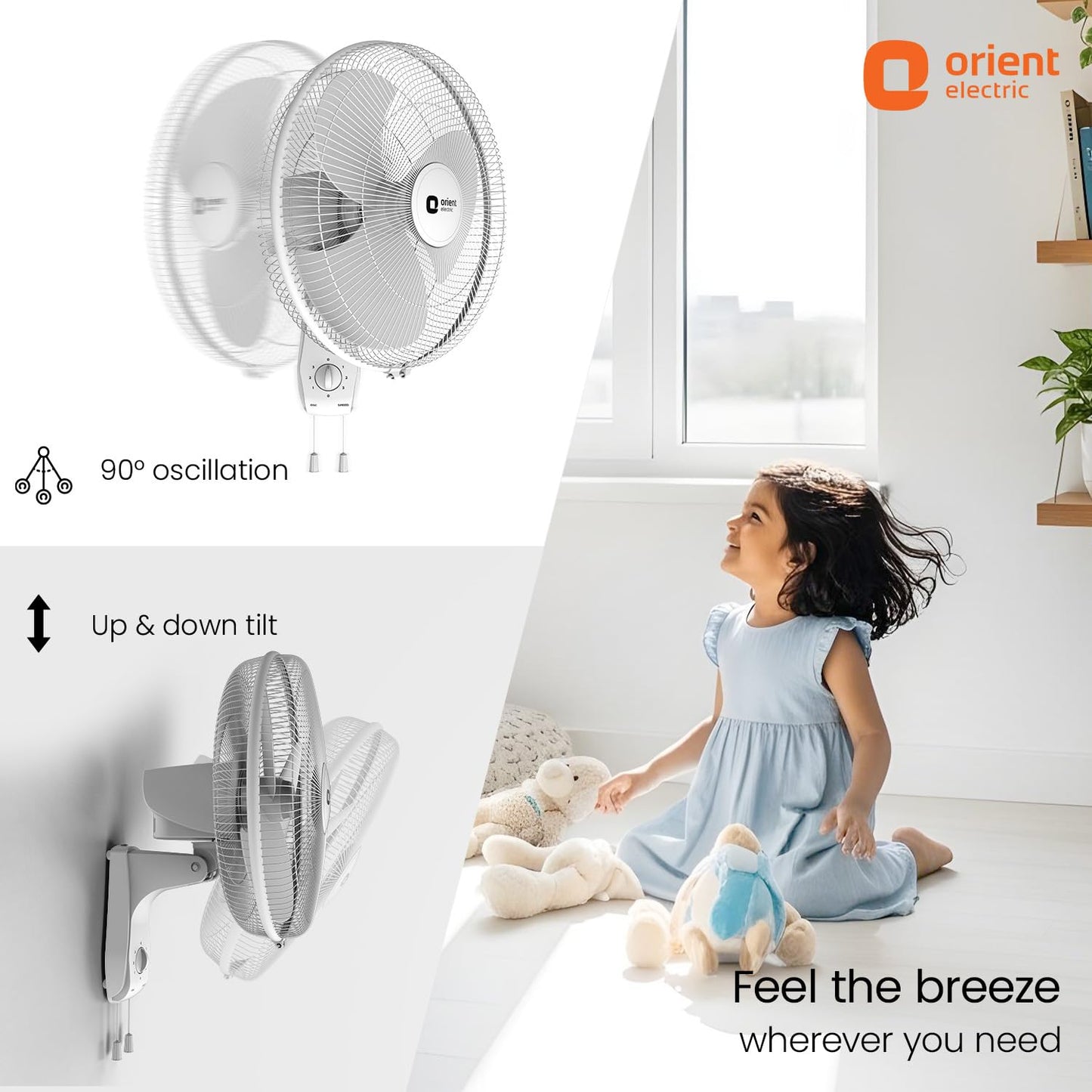 Orient Electric Wall 97 | High Speed Wall Fan for Home | 100% Copper Motor | 90 Degree Oscillation with Tilt Mechanism | 3 Speed Pull Cord | Thermal Overload Protection | Military Grade Guard | Red