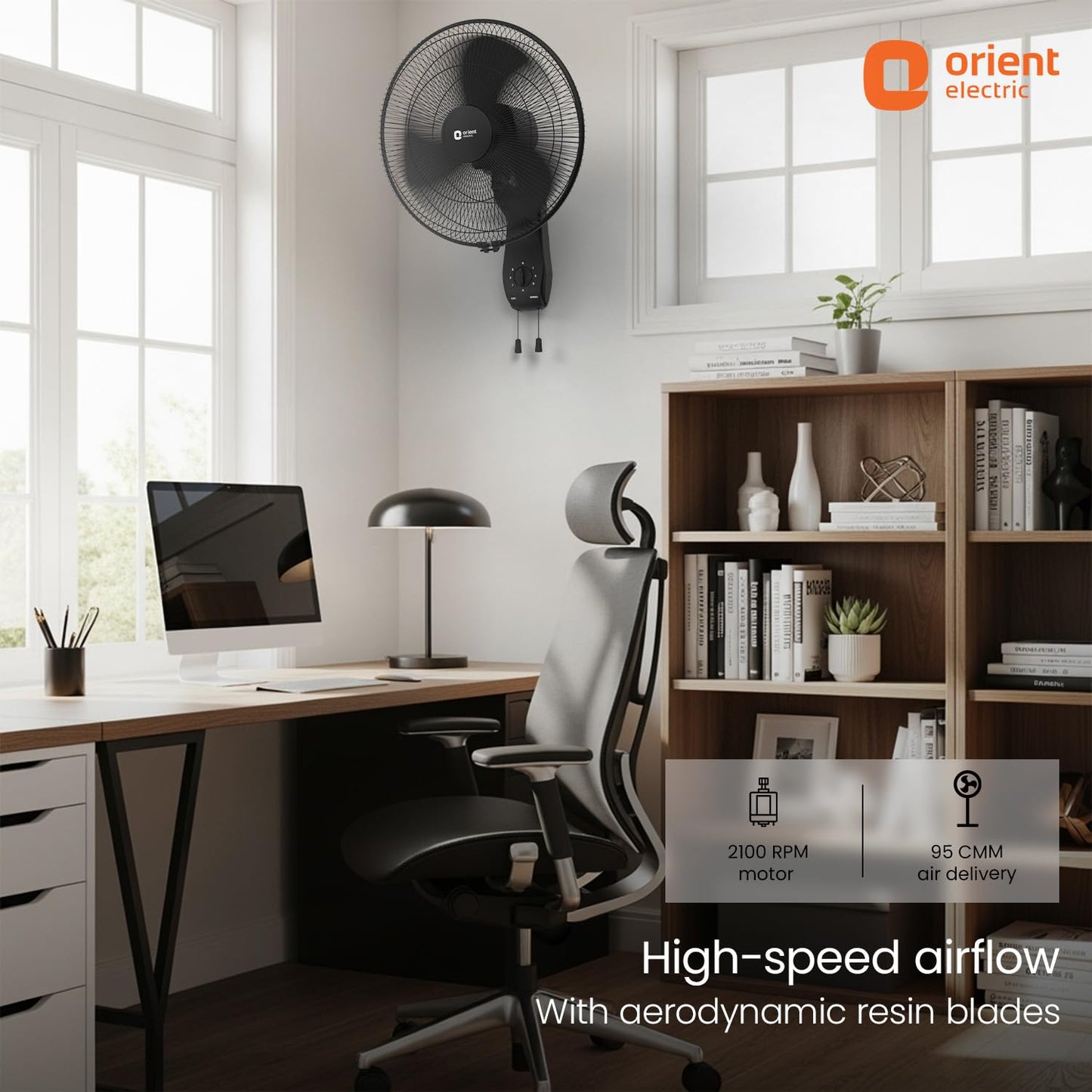Orient Electric Wall 97 | High Speed Wall Fan for Home | 100% Copper Motor | 90 Degree Oscillation with Tilt Mechanism | 3 Speed Pull Cord | Thermal Overload Protection | Military Grade Guard | Red