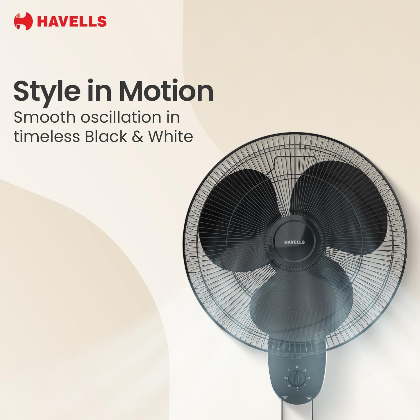 Havells Gatik Pro 400mm Wall Mount Fan|RPM: 1350|Double string for Speed & Oscillation control | Thermal Overloaded Protected Motor | 100% Copper Wire Winding Motor | 2 Year Warranty,230 Volts(Black)