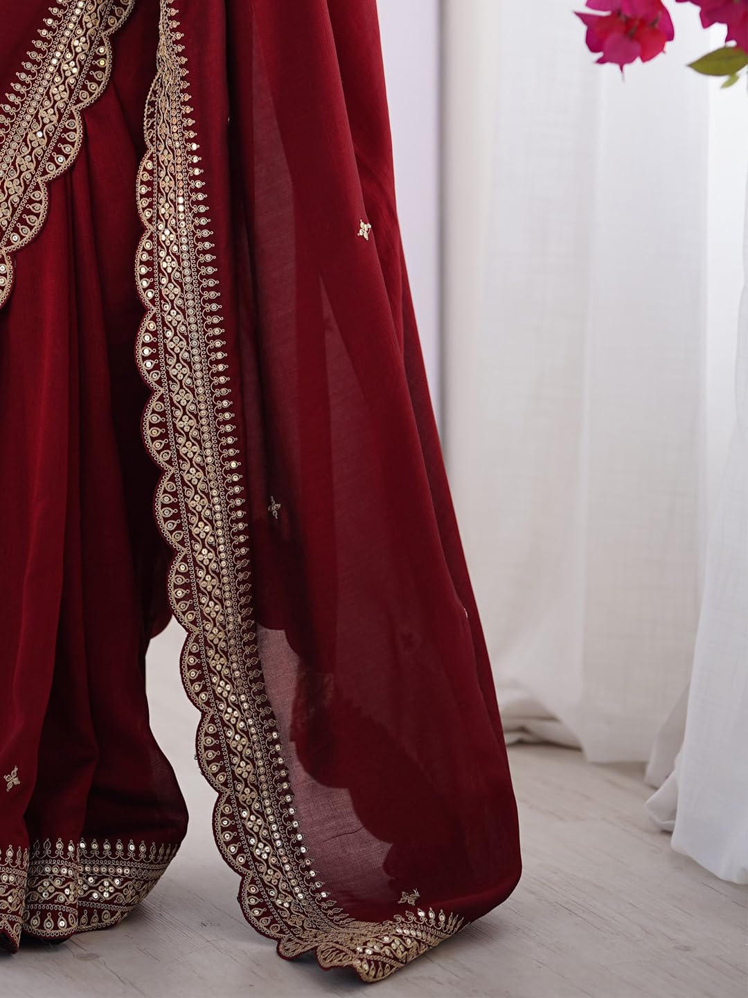 AKHILAM Women's Vichitra Silk Embellished Saree With Unstitched Blouse Piece (RADHA5001_RX_Parent)