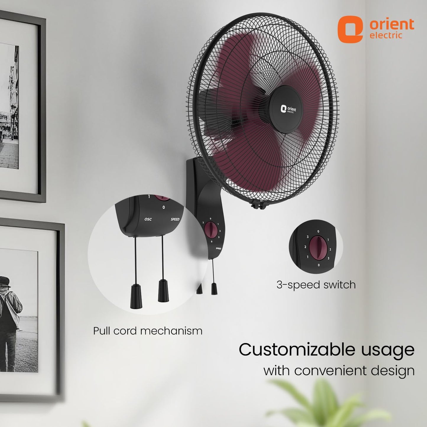 Orient Electric Wall 97 | High Speed Wall Fan for Home | 100% Copper Motor | 90 Degree Oscillation with Tilt Mechanism | 3 Speed Pull Cord | Thermal Overload Protection | Military Grade Guard | Red
