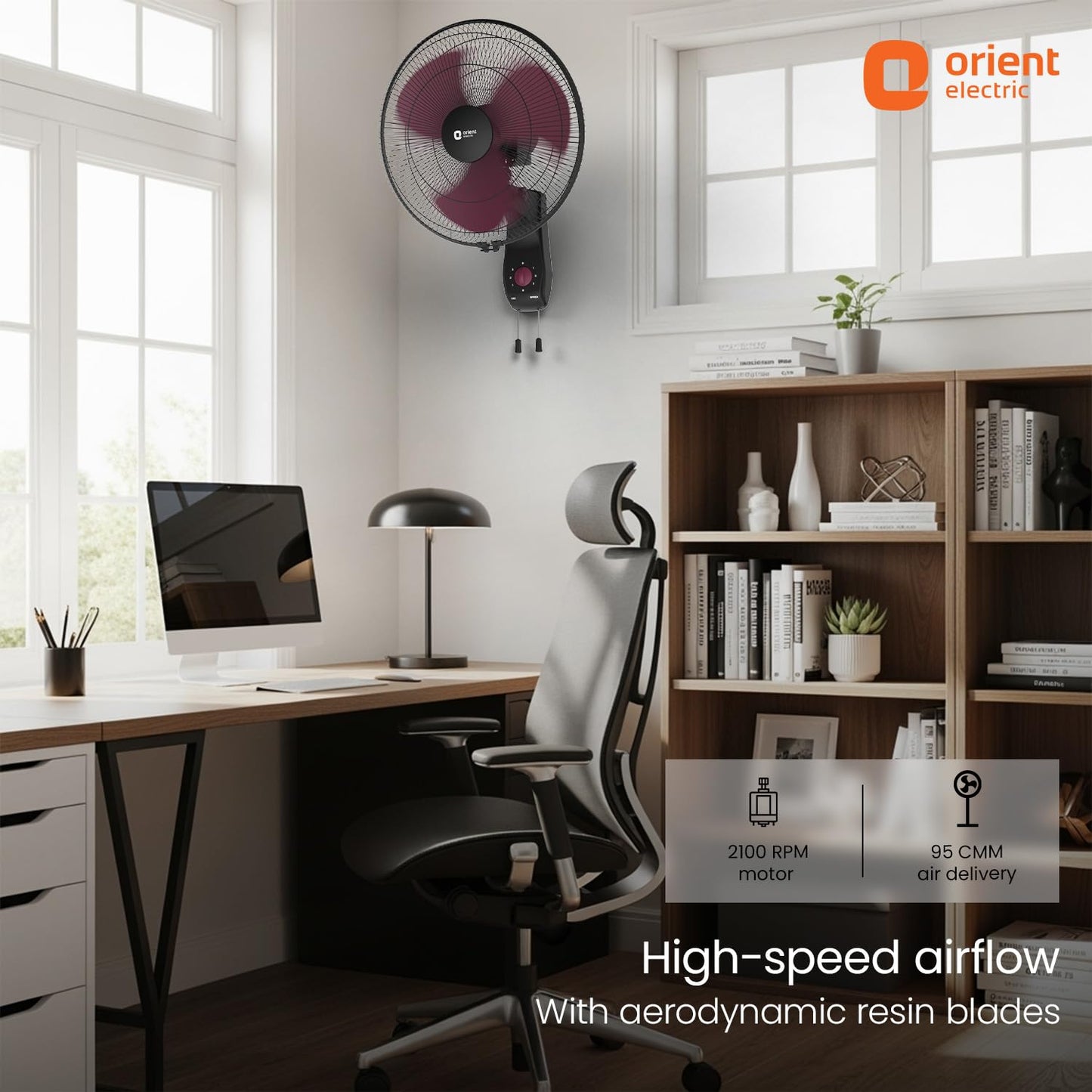 Orient Electric Wall 97 | High Speed Wall Fan for Home | 100% Copper Motor | 90 Degree Oscillation with Tilt Mechanism | 3 Speed Pull Cord | Thermal Overload Protection | Military Grade Guard | Red