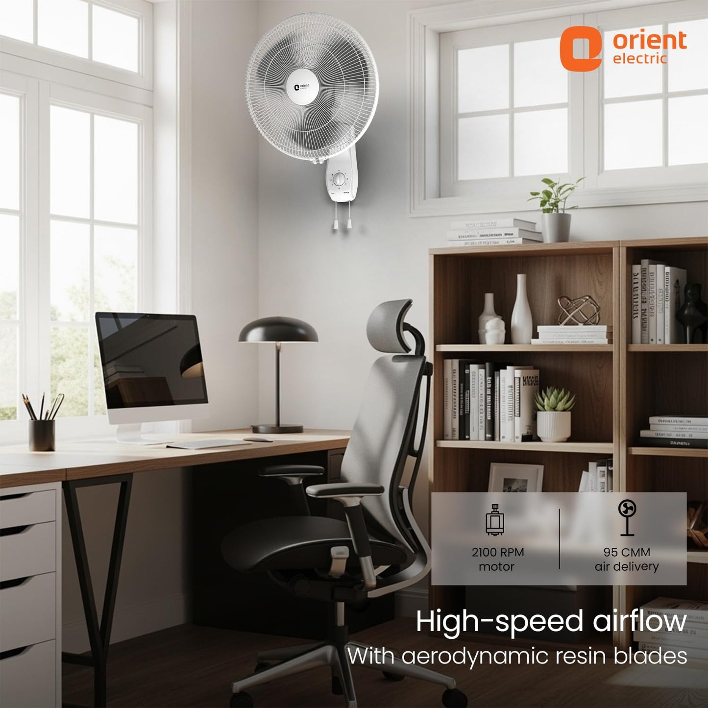 Orient Electric Wall 97 | High Speed Wall Fan for Home | 100% Copper Motor | 90 Degree Oscillation with Tilt Mechanism | 3 Speed Pull Cord | Thermal Overload Protection | Military Grade Guard | Red