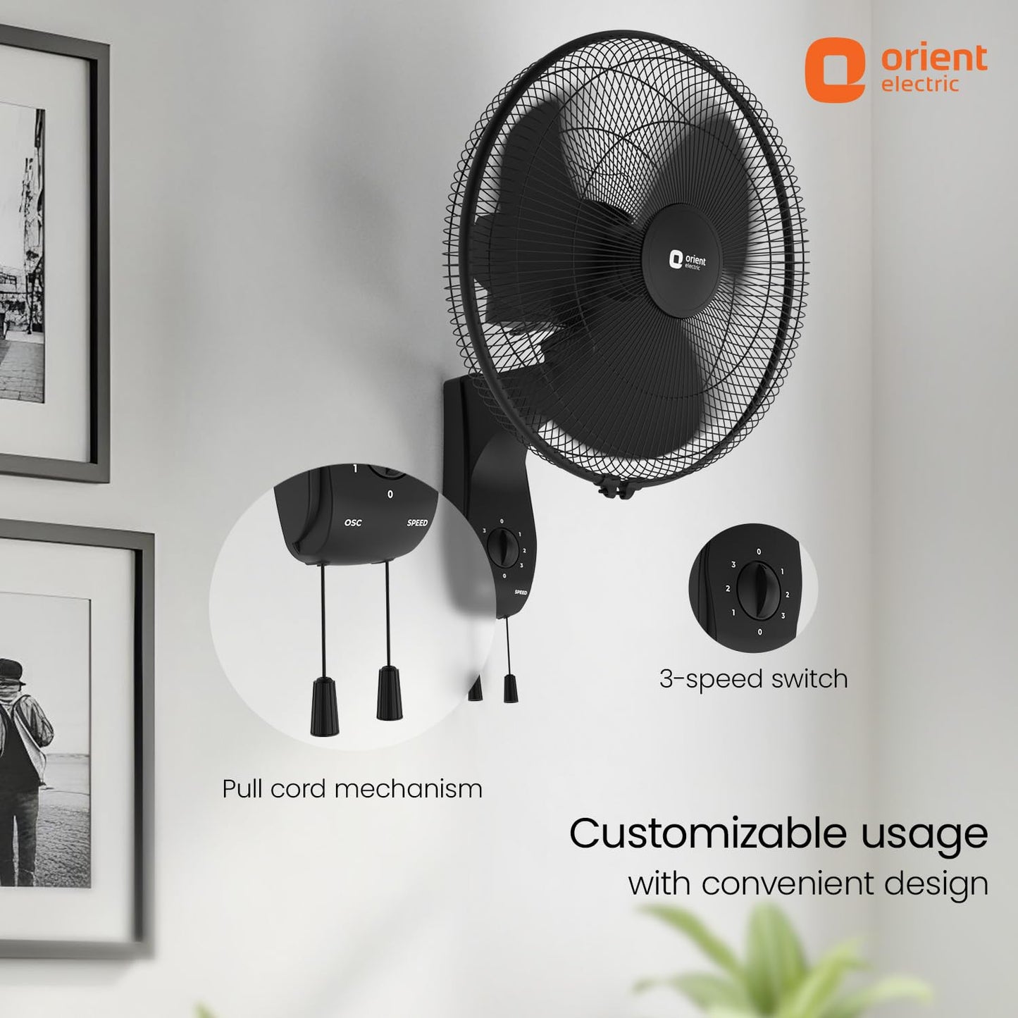 Orient Electric Wall 97 | High Speed Wall Fan for Home | 100% Copper Motor | 90 Degree Oscillation with Tilt Mechanism | 3 Speed Pull Cord | Thermal Overload Protection | Military Grade Guard | Red