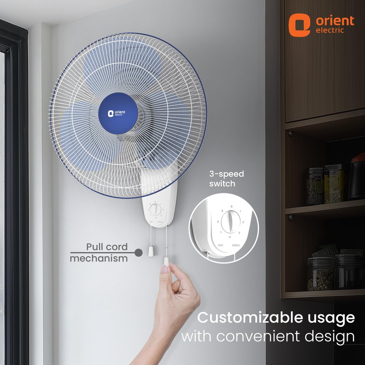 Orient Electric Wall 91 | Wall Fan for Home | 100% Copper Motor with COP-TER Technology | 90 Degree Oscillation & Tilt Mechanism | 3 Speed Pull Cord | Military Grade Guard | White & Blue