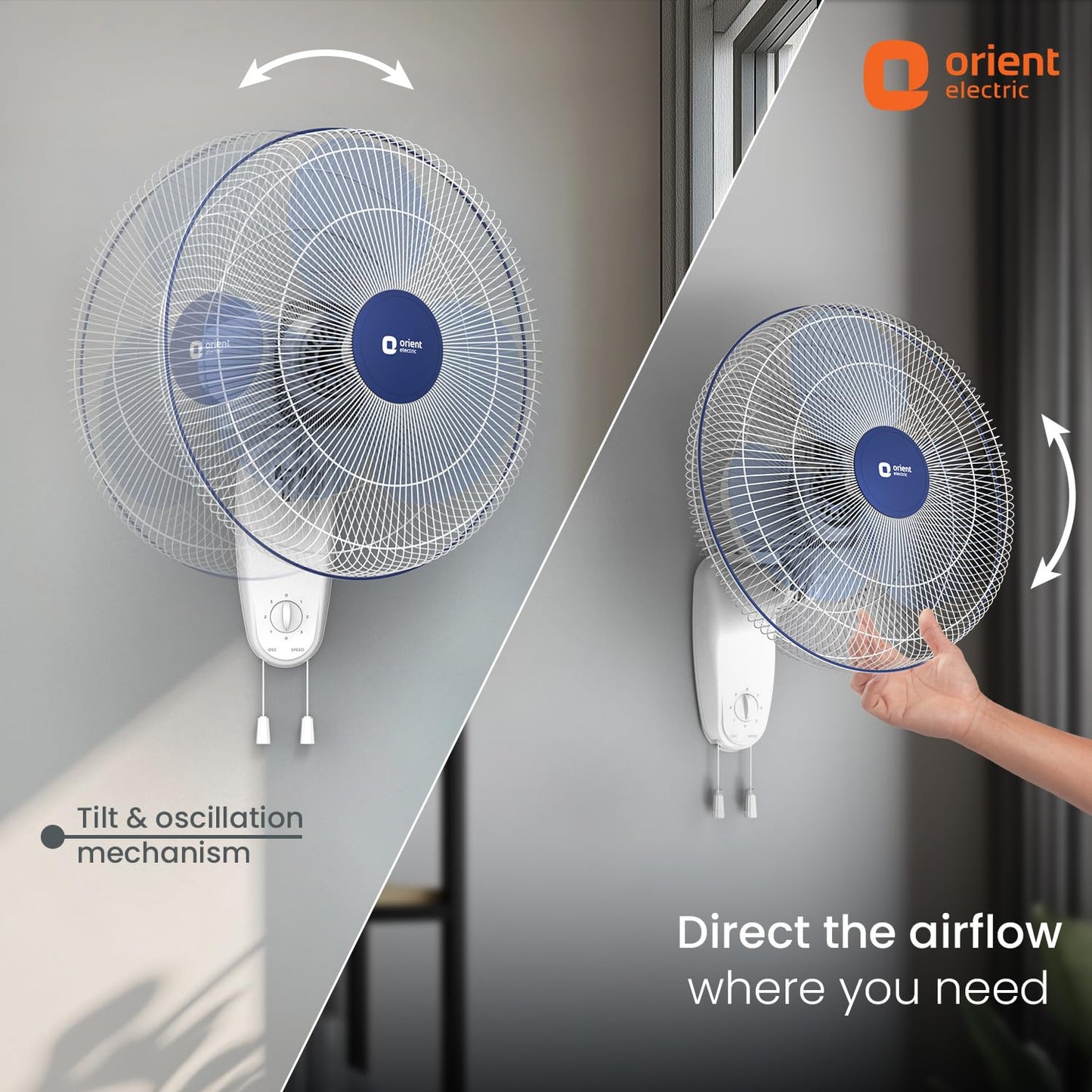 Orient Electric Wall 91 | Wall Fan for Home | 100% Copper Motor with COP-TER Technology | 90 Degree Oscillation & Tilt Mechanism | 3 Speed Pull Cord | Military Grade Guard | White & Blue