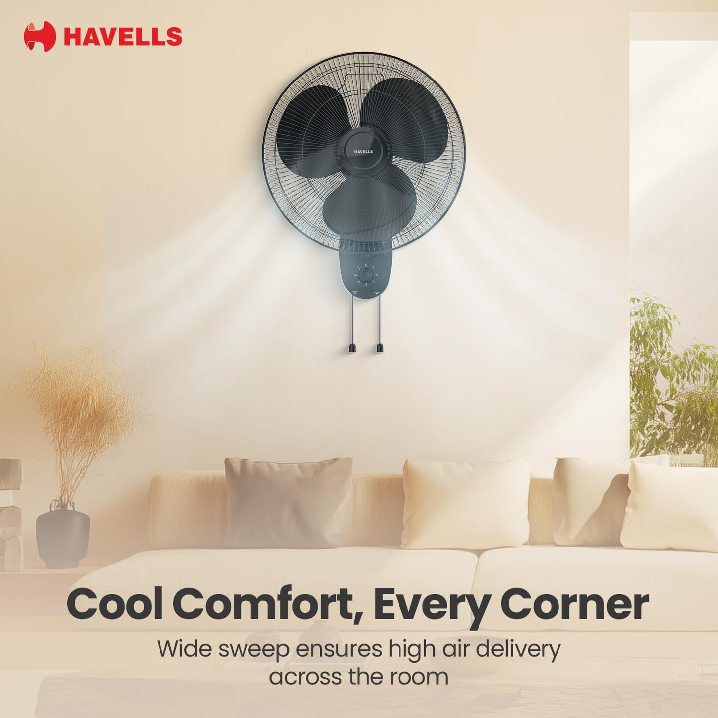 Havells Gatik Pro 400mm Wall Mount Fan|RPM: 1350|Double string for Speed & Oscillation control | Thermal Overloaded Protected Motor | 100% Copper Wire Winding Motor | 2 Year Warranty,230 Volts(Black)
