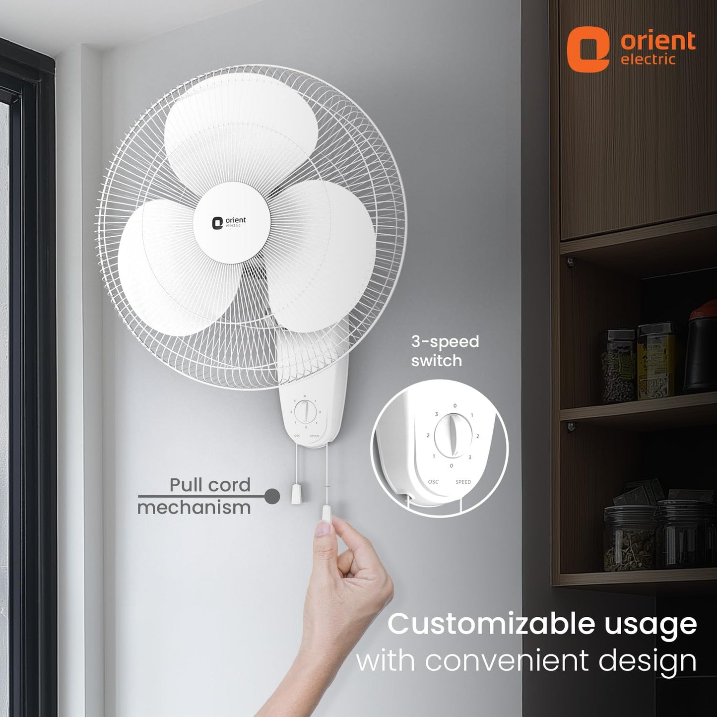 Orient Electric Wall 91 | Wall Fan for Home | 100% Copper Motor with COP-TER Technology | 90 Degree Oscillation & Tilt Mechanism | 3 Speed Pull Cord | Military Grade Guard | White & Blue