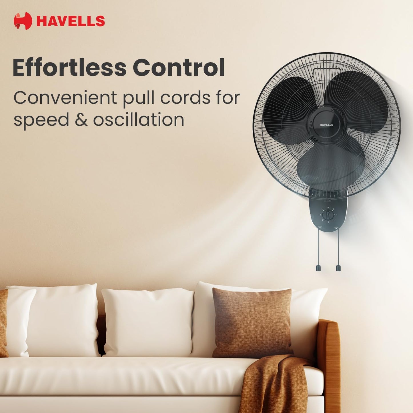 Havells Gatik Pro 400mm Wall Mount Fan|RPM: 1350|Double string for Speed & Oscillation control | Thermal Overloaded Protected Motor | 100% Copper Wire Winding Motor | 2 Year Warranty,230 Volts(Black)