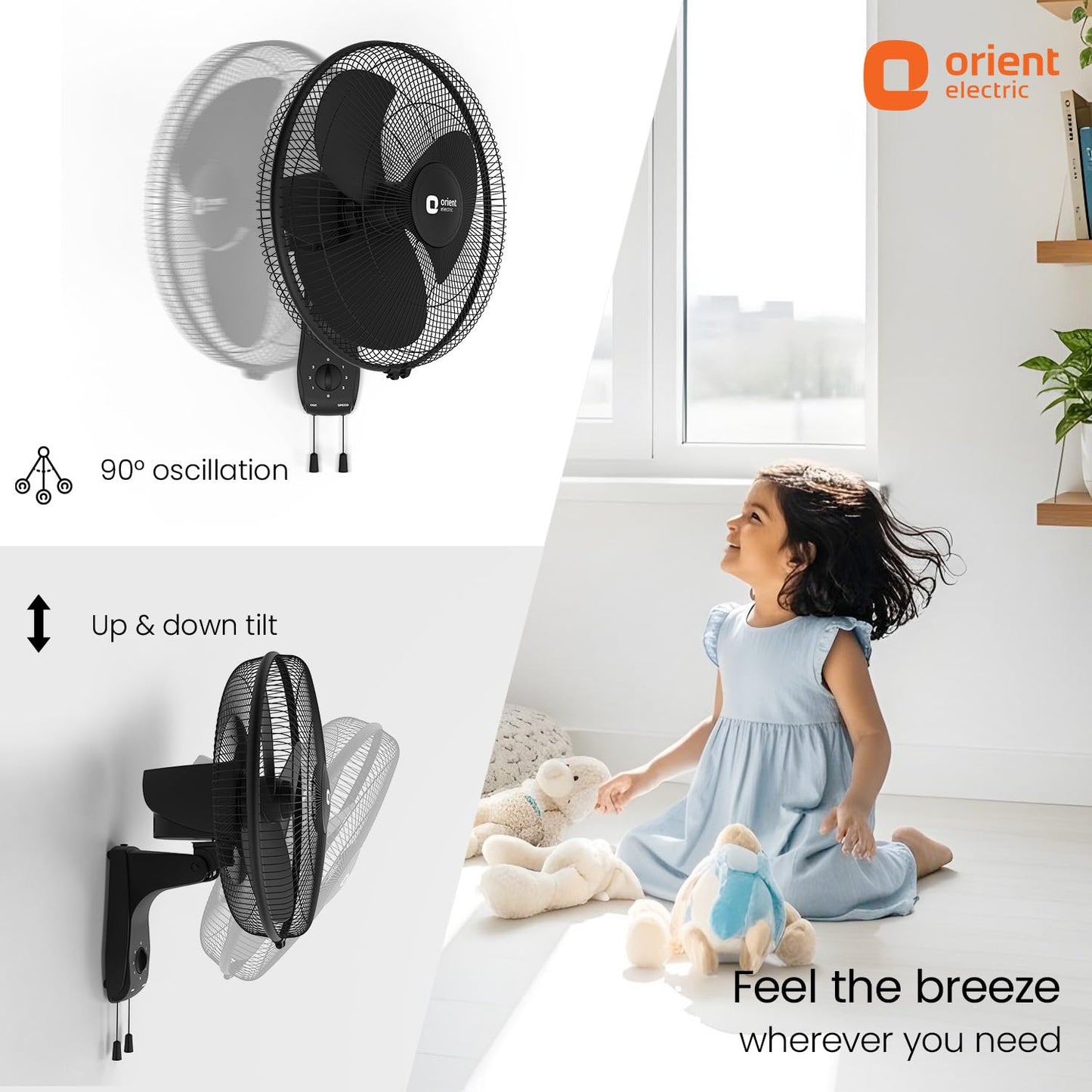 Orient Electric Wall 97 | High Speed Wall Fan for Home | 100% Copper Motor | 90 Degree Oscillation with Tilt Mechanism | 3 Speed Pull Cord | Thermal Overload Protection | Military Grade Guard | Red