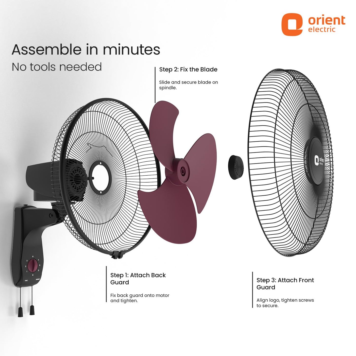 Orient Electric Wall 97 | High Speed Wall Fan for Home | 100% Copper Motor | 90 Degree Oscillation with Tilt Mechanism | 3 Speed Pull Cord | Thermal Overload Protection | Military Grade Guard | Red