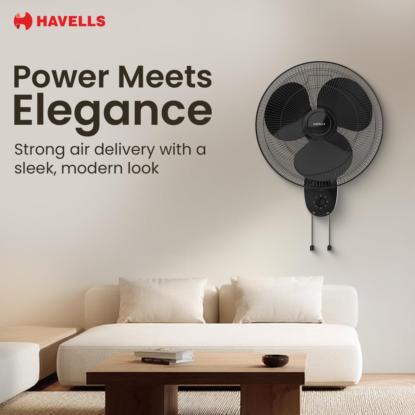 Havells Gatik Pro 400mm Wall Mount Fan|RPM: 1350|Double string for Speed & Oscillation control | Thermal Overloaded Protected Motor | 100% Copper Wire Winding Motor | 2 Year Warranty,230 Volts(Black)