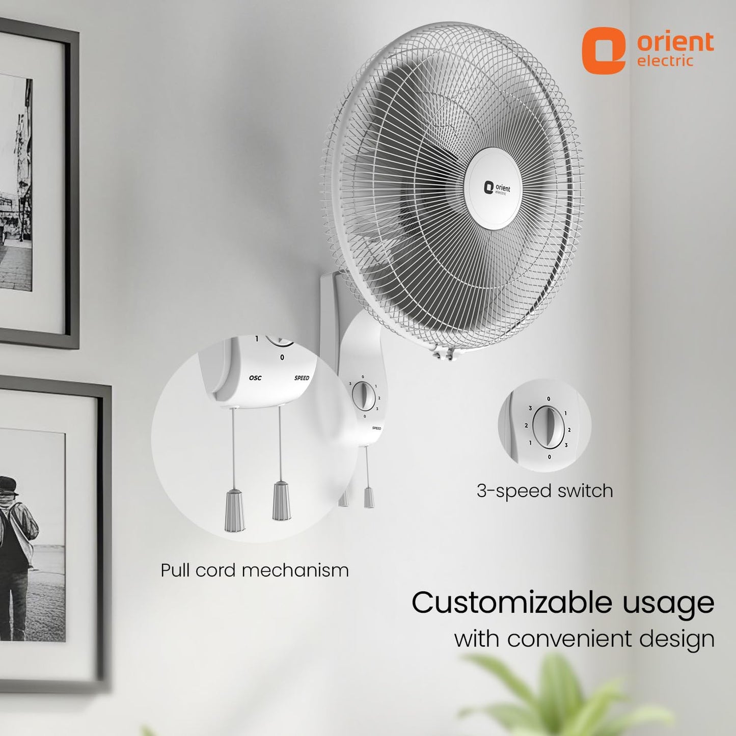 Orient Electric Wall 97 | High Speed Wall Fan for Home | 100% Copper Motor | 90 Degree Oscillation with Tilt Mechanism | 3 Speed Pull Cord | Thermal Overload Protection | Military Grade Guard | Red