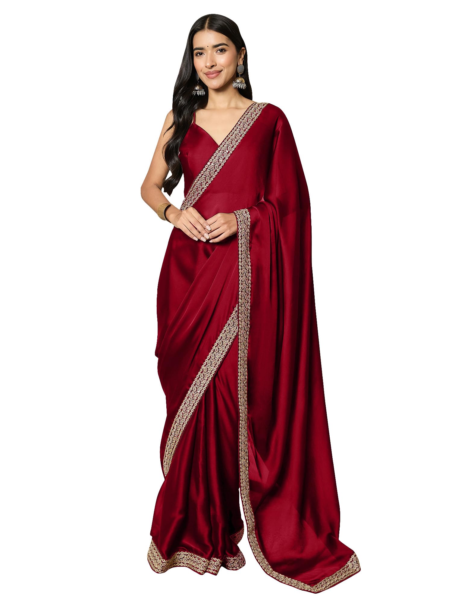 AKHILAM Women's Satin Solid Ready To Wear one Minute Saree with Unstitched Blouse Piece