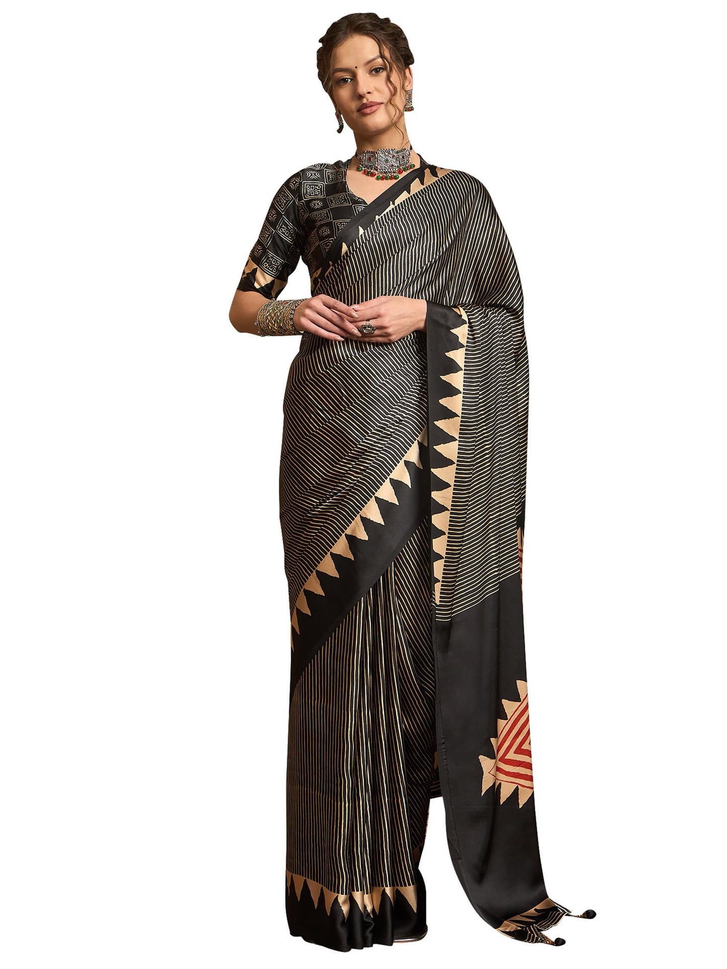 AKHILAM Women's Pure Crepe Striped Printed Saree With Unstitched Blouse Piece (NORAJRK101_HS_Parent)