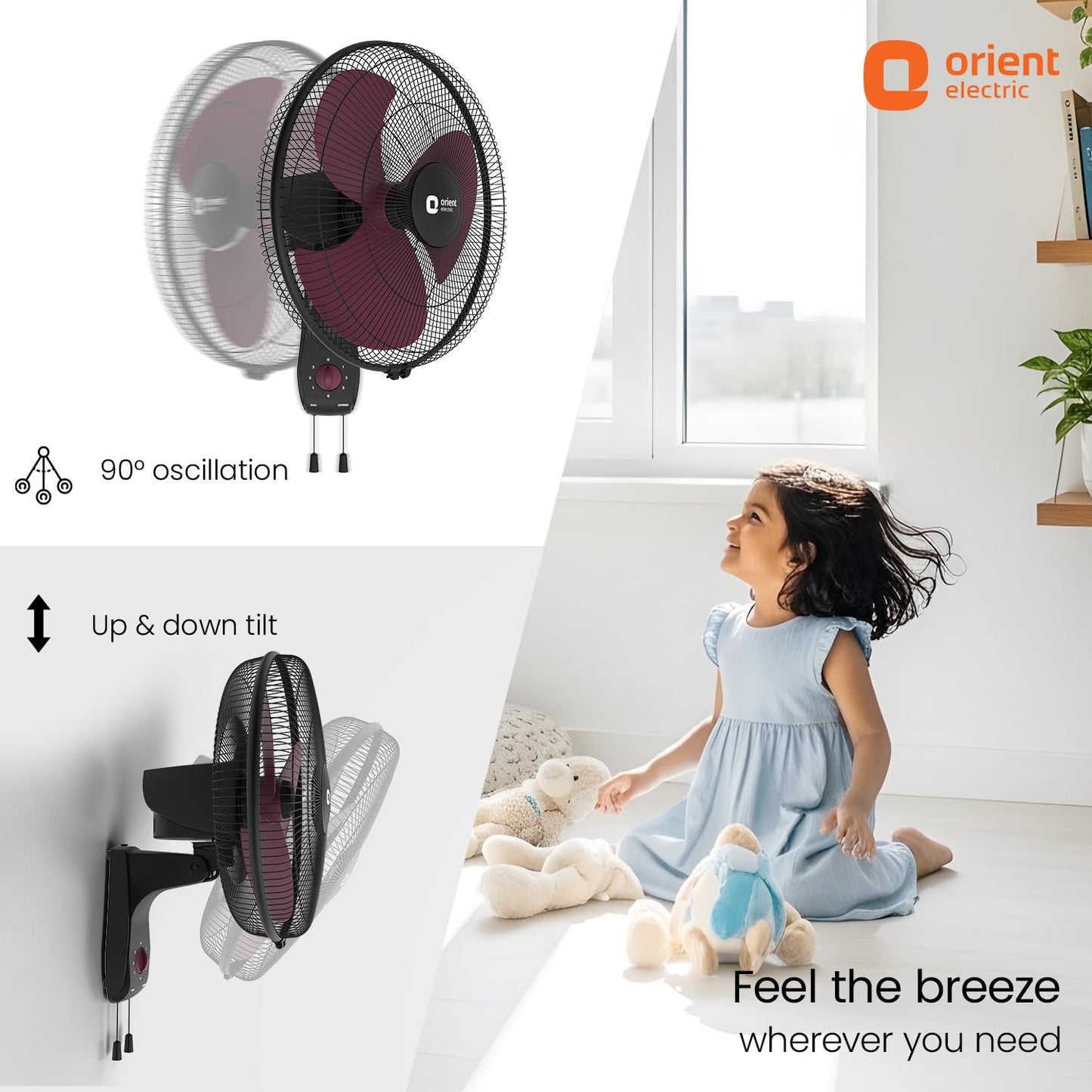 Orient Electric Wall 97 | High Speed Wall Fan for Home | 100% Copper Motor | 90 Degree Oscillation with Tilt Mechanism | 3 Speed Pull Cord | Thermal Overload Protection | Military Grade Guard | Red