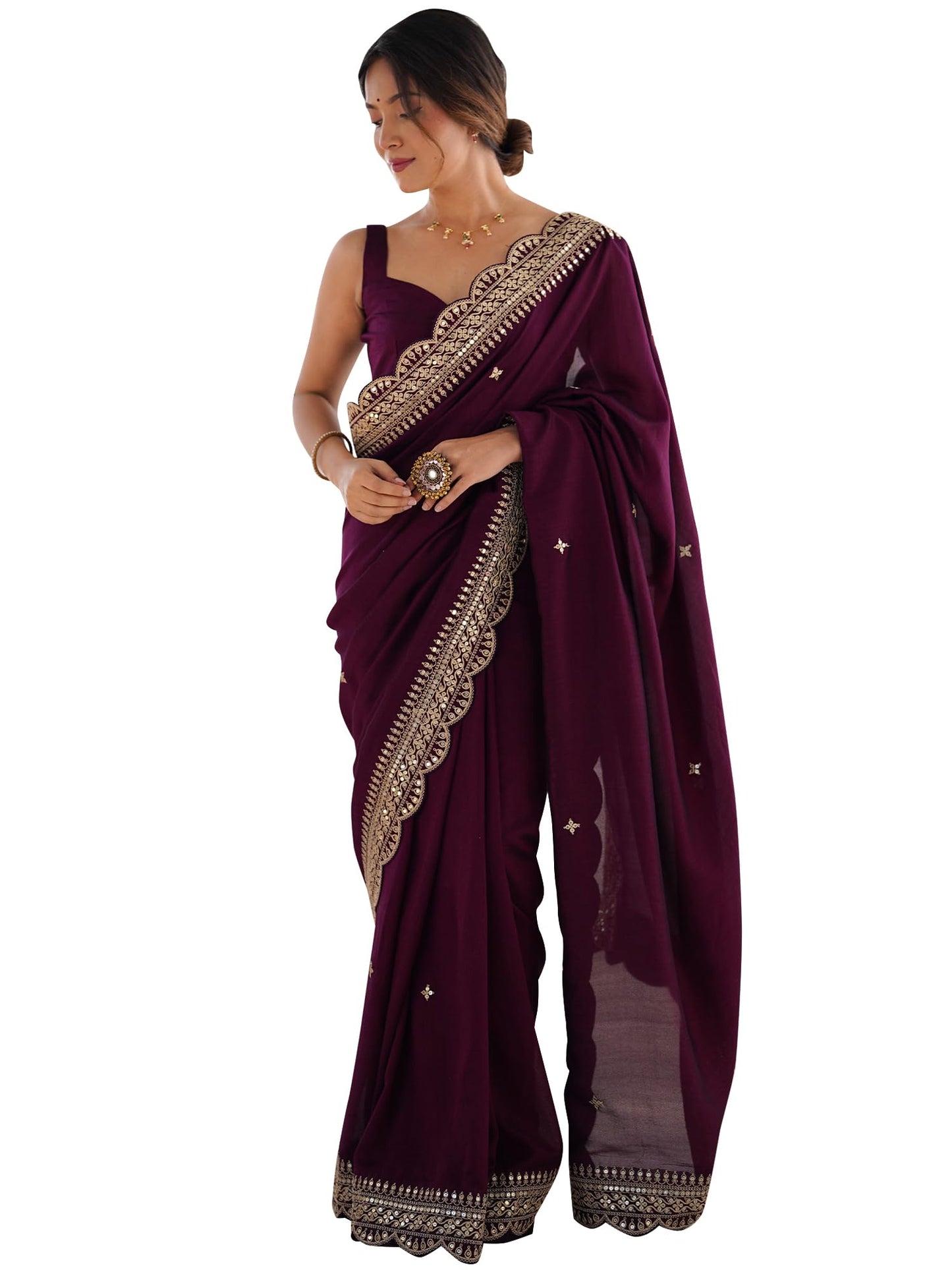 AKHILAM Women's Vichitra Silk Embellished Saree With Unstitched Blouse Piece (RADHA5001_RX_Parent)