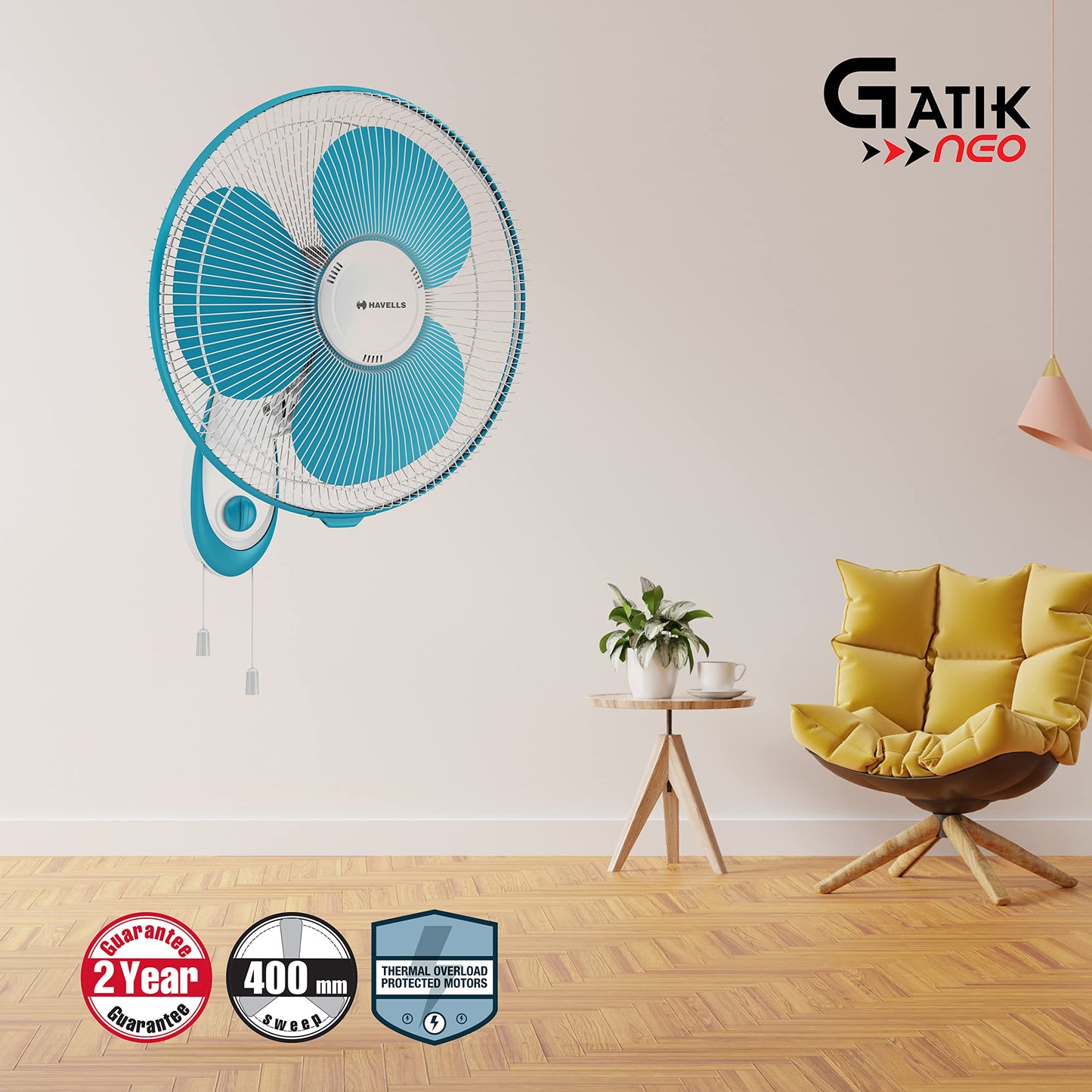 Havells Gatik Pro 400mm Wall Mount Fan|RPM: 1350|Double string for Speed & Oscillation control | Thermal Overloaded Protected Motor | 100% Copper Wire Winding Motor | 2 Year Warranty,230 Volts(Black)