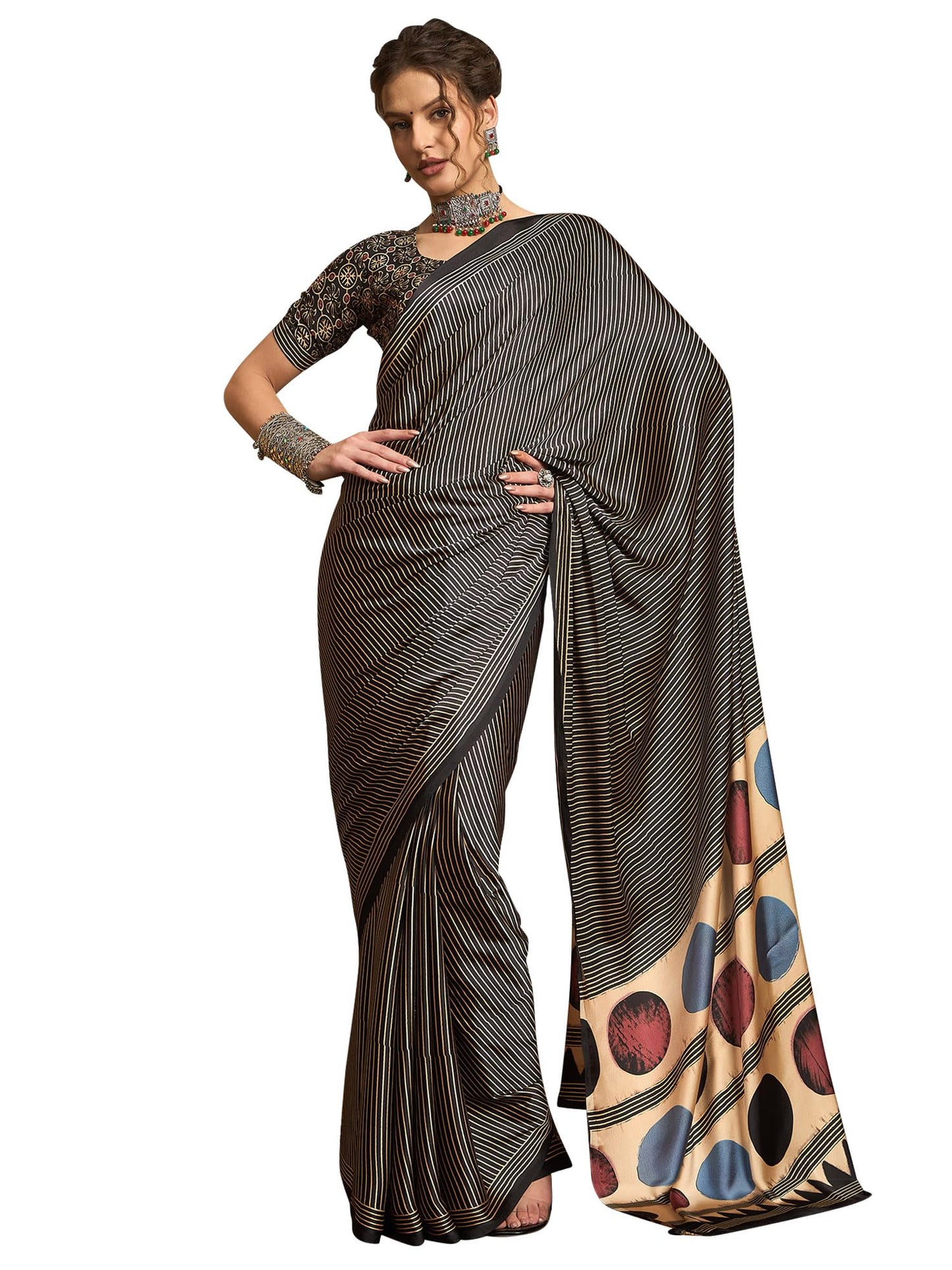 AKHILAM Women's Pure Crepe Striped Printed Saree With Unstitched Blouse Piece (NORAJRK101_HS_Parent)